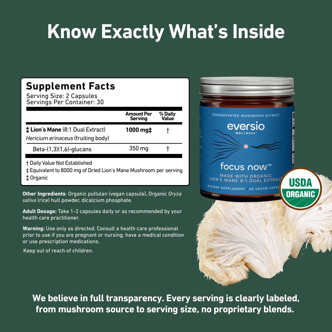 Eversio Wellness Organic Lion’s Mane Capsules – 8:1 Dual Extract, 500mg per Capsule, >35% Beta-Glucans – Fruiting Body Mushroom Supplement for Focus & Memory Support, 60 Capsules