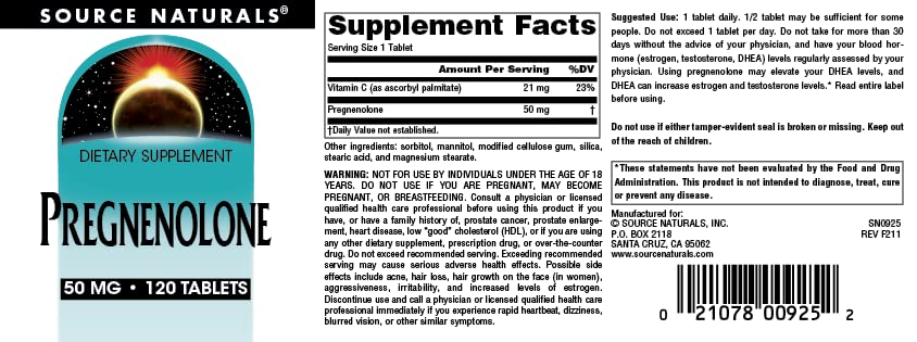 Source Naturals Pregnenolone 50mg Tablets 120