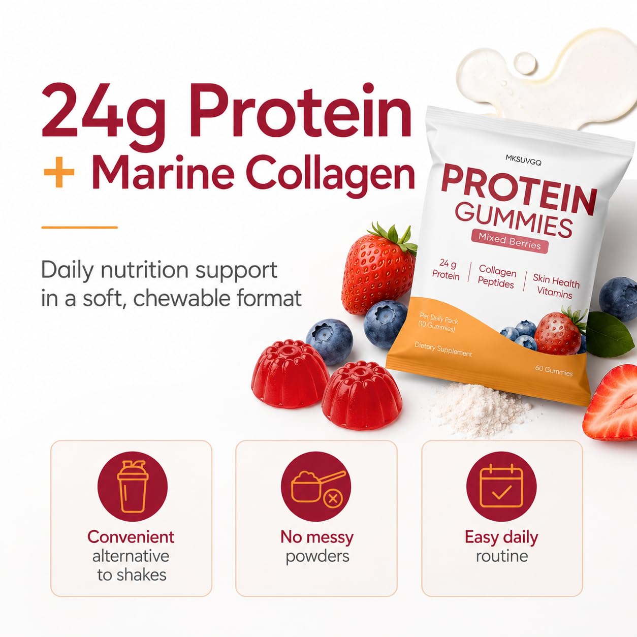 MKSUVGQ Protein Gummies with Collagen & Biotin, 60 Gummies