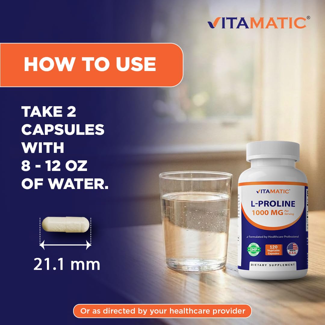Vitamatic L-Proline 1000 mg Per Serving Free Form Amino Acid Supplement, Vegetarian Capsules, Non-GMO, Gluten Free, Made in USA, 120 Count