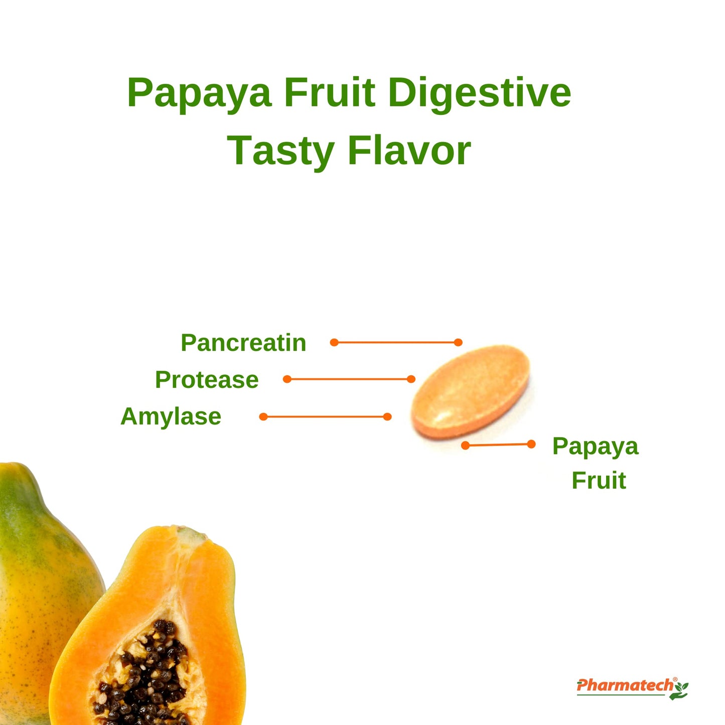 PHARMATECH Papaya Fruit Digestive Enzyme Supplement, 180 Chewable Tablets