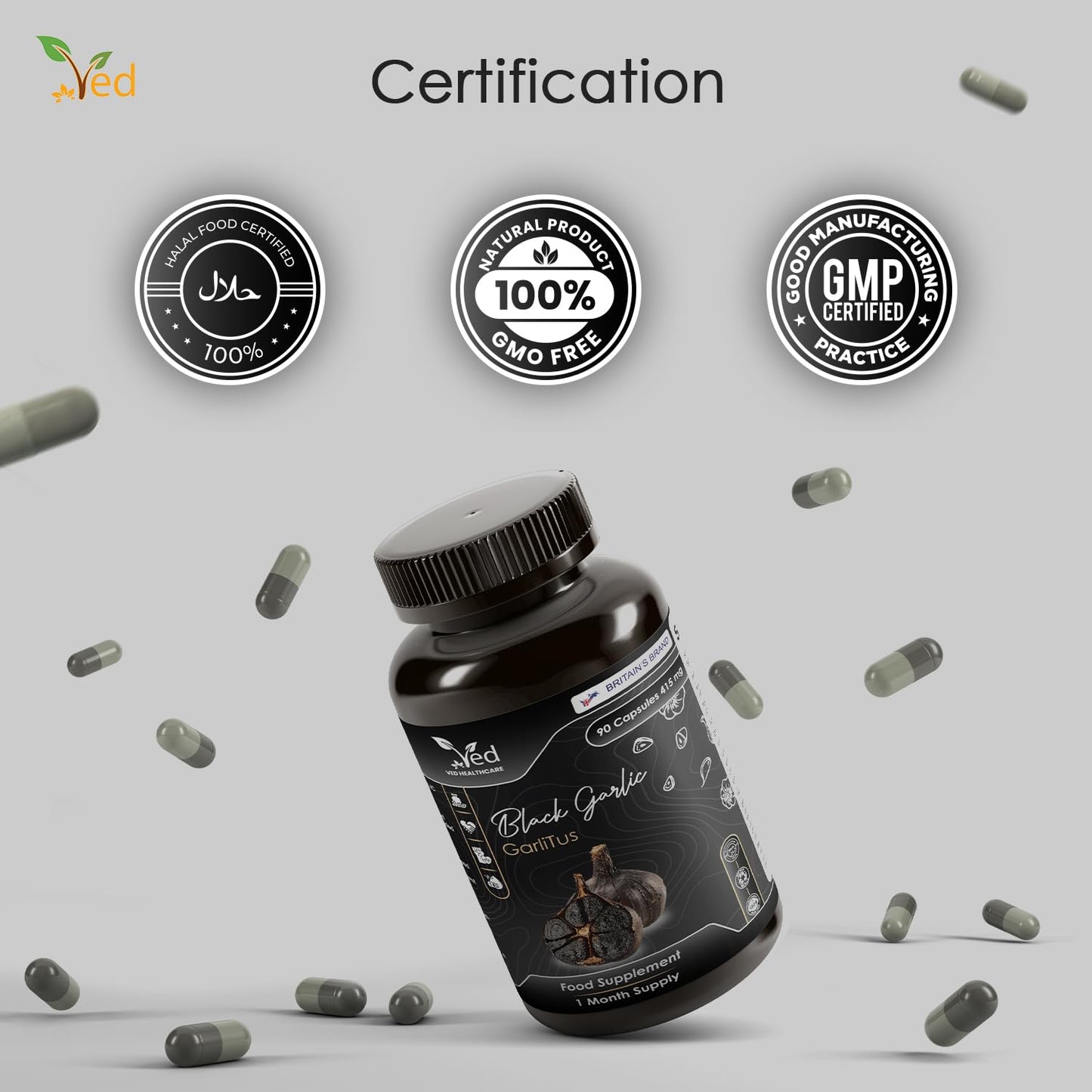Ved GarliTus Fermented & Odorless Black Garlic Supplement, Capsule, 90 Count