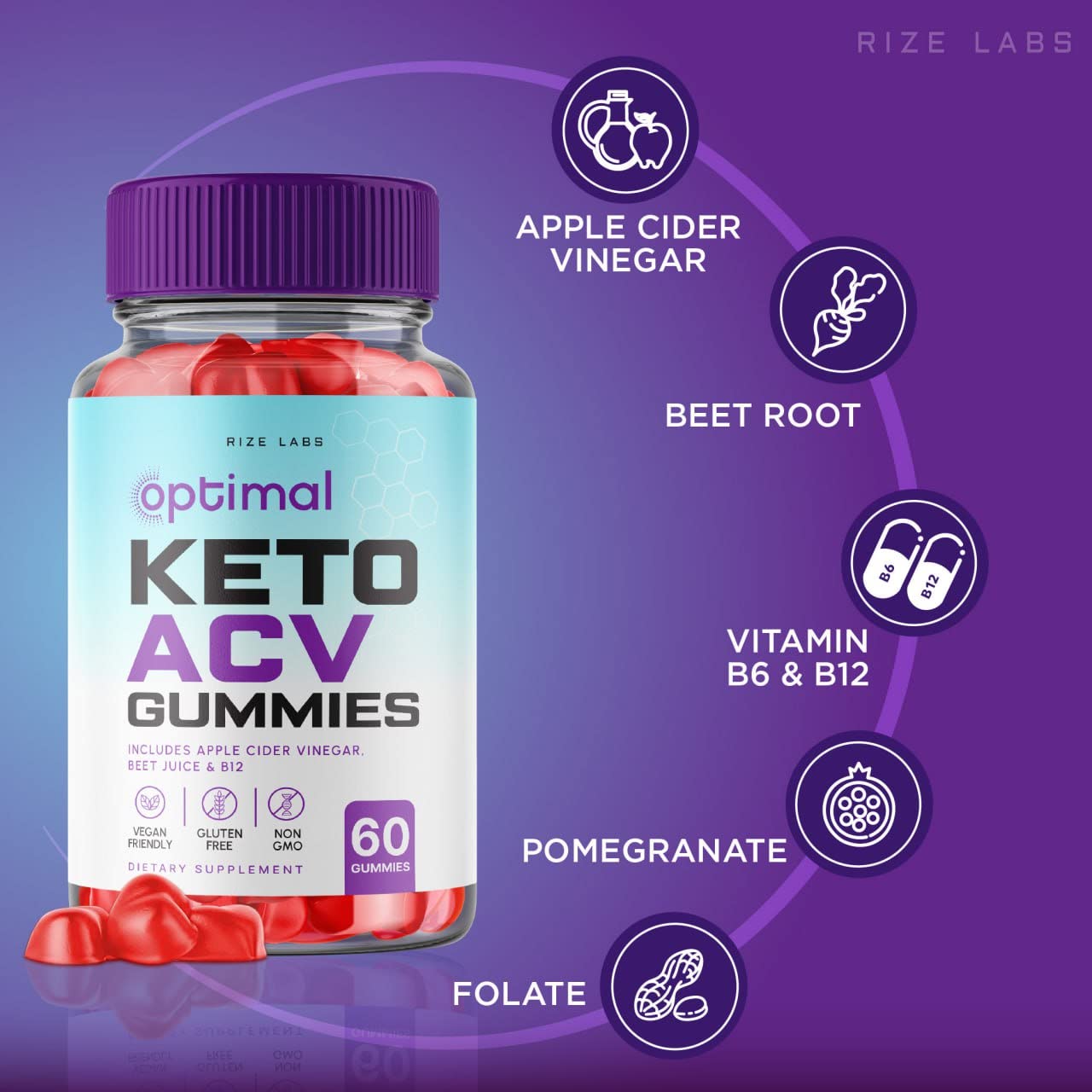 Rize Labs Optimal Keto ACV Gummies with Apple Cider Vinegar, Advanced Weight Loss Formula, Gluten Free and Non-GMO Supplement, Helps in Reducing Belly Fat, 180 Gummies