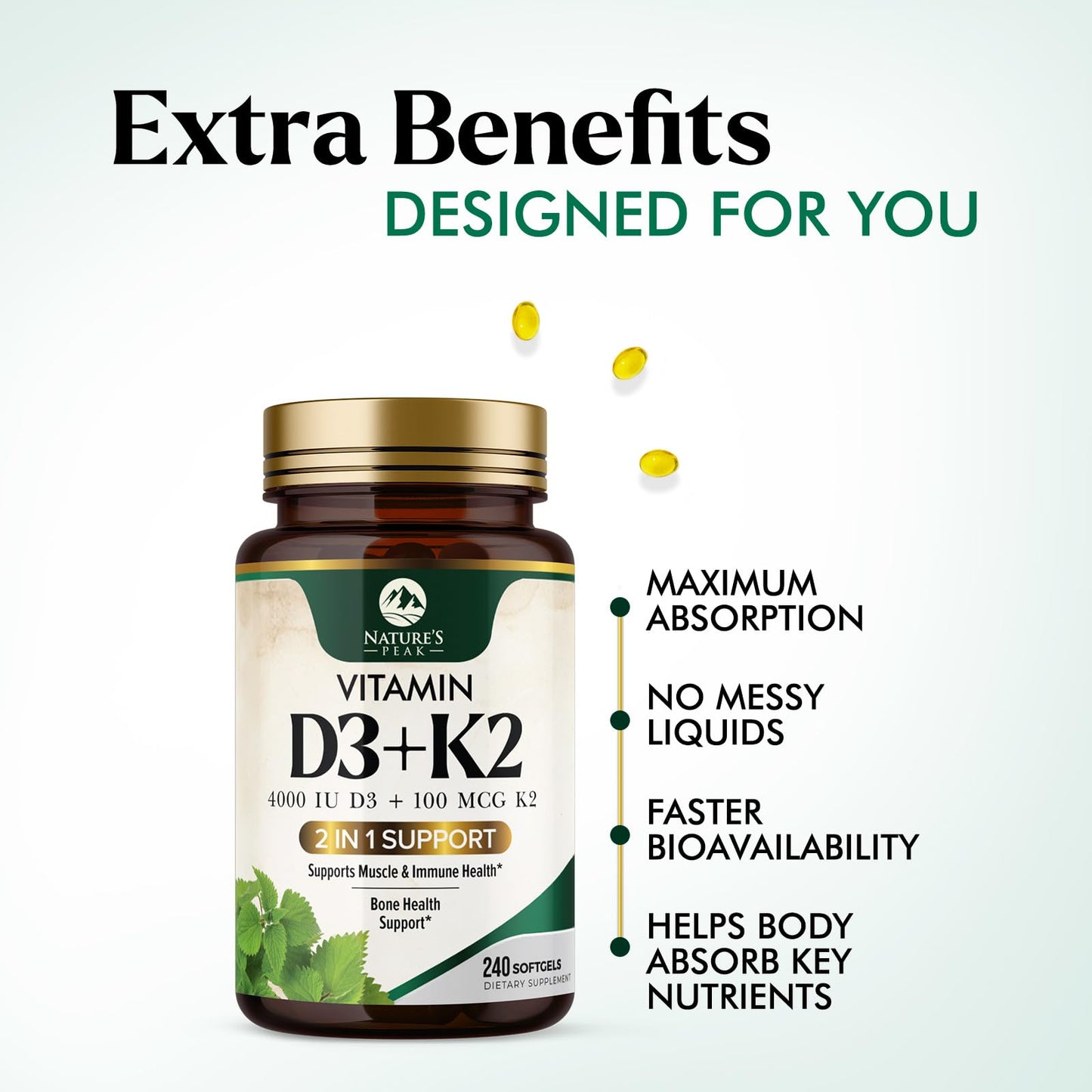 Nature's Peak Vitamin D3 K2 High Potency 2-in-1 Complex Vitamin D & K2 (MK7) Supplement, Gluten Free, Bone & Immune Support, 4000 IU per Softgel, 240 Softgels