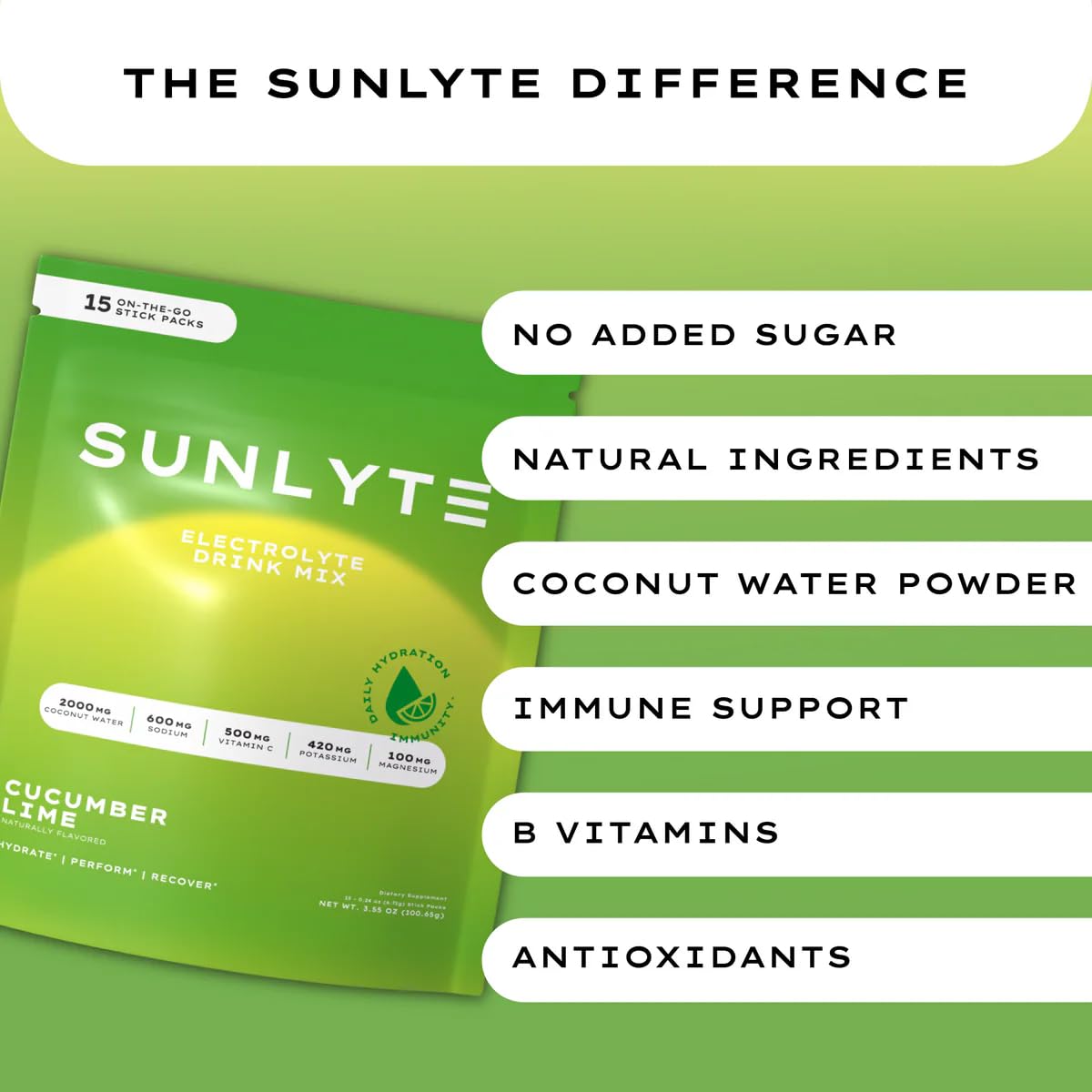 SUNLYTE Coconut Water Powder Hydration Electrolytes – Cucumber Lime 15-Pack