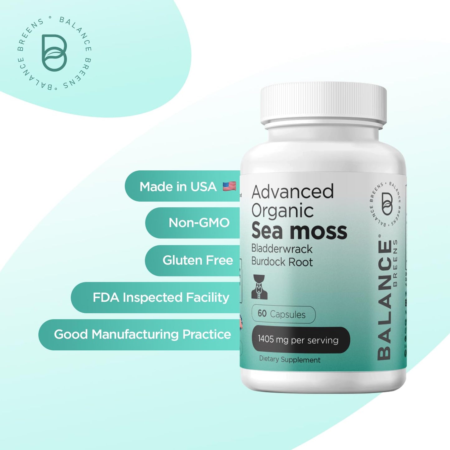 Balancebreens Organic Irish Sea Moss, Bladderwrack and Burdock Root Supplement 1405mg, 120 Veg Capsules