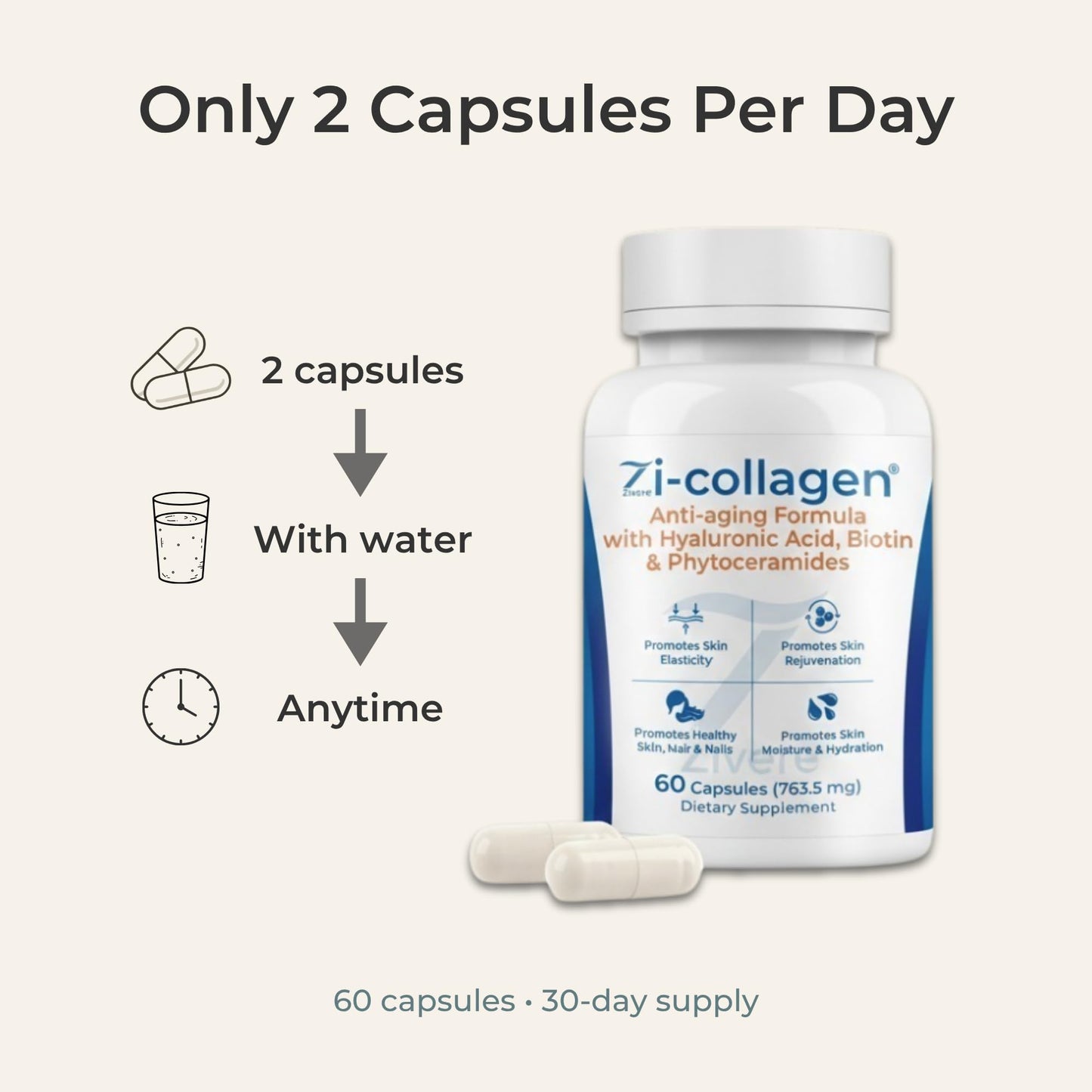 Zivere Zi-Collagen Marine Collagen Capsules with Phytoceramides, Hyaluronic Acid, Biotin & Vitamins A, C, D3 & E, 60 Capsules
