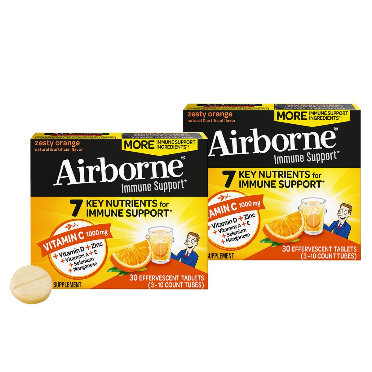 Airborne 1000mg Vitamin C + Zinc Sugar Free Multivitamin Immune Support Tablets, 30 Tablets