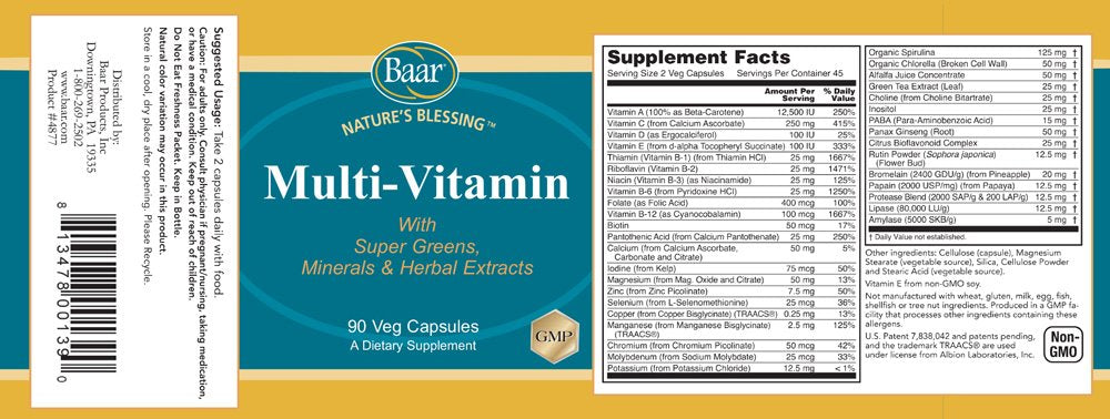 Baar Multi-Vitamin with Super Greens, Minerals & Herbal Extracts, 90 Veg Capsules