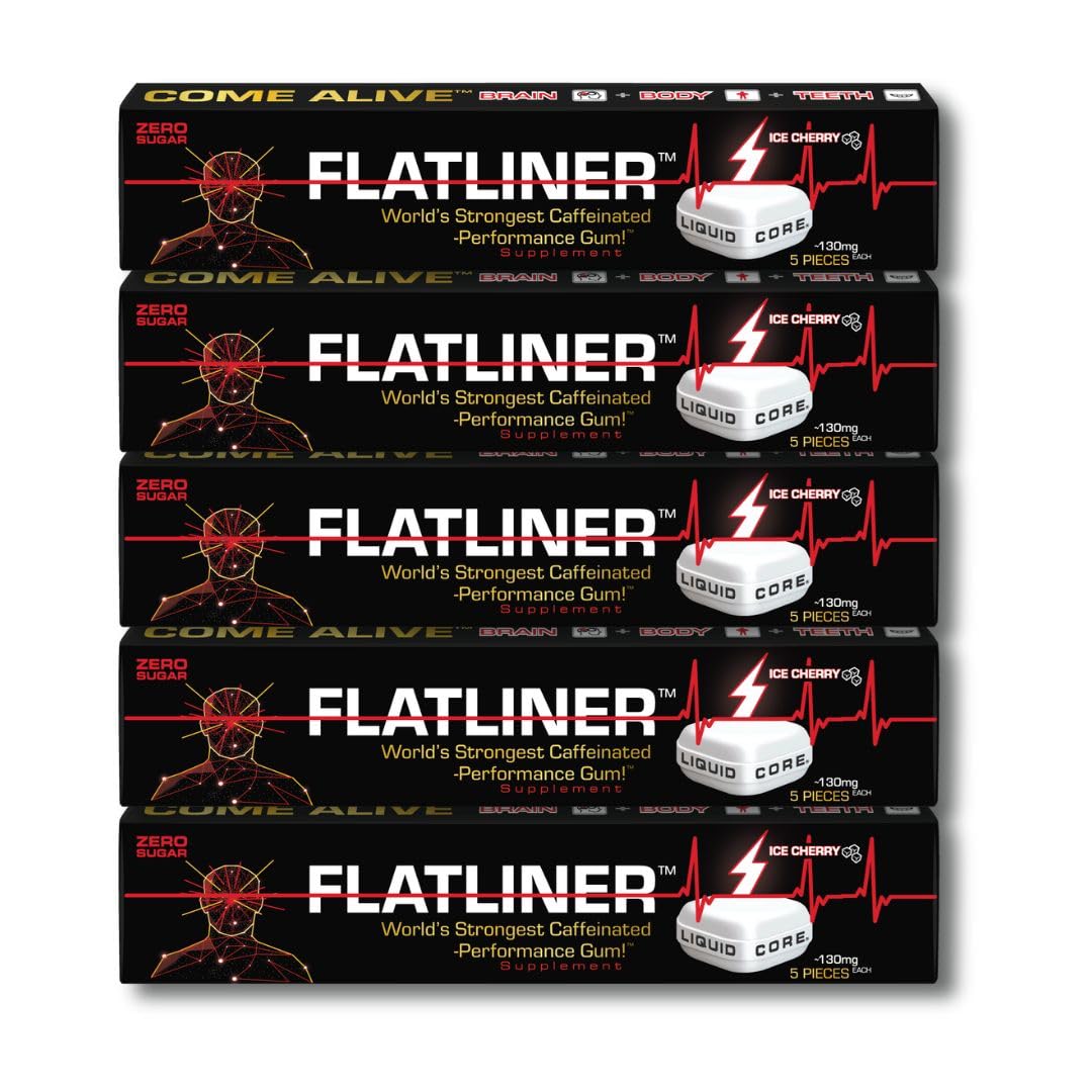 Liquid Core FLATLINER Caffeinated Gum Ice Cherry Energy Gum, 25 Pieces