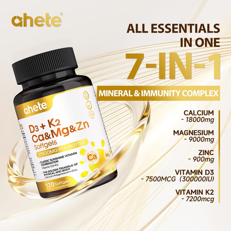 Ahete Vitamin D3 K2 Magnesium 10000 IU, 120 mcg K2 Capsules, 300 Capsules