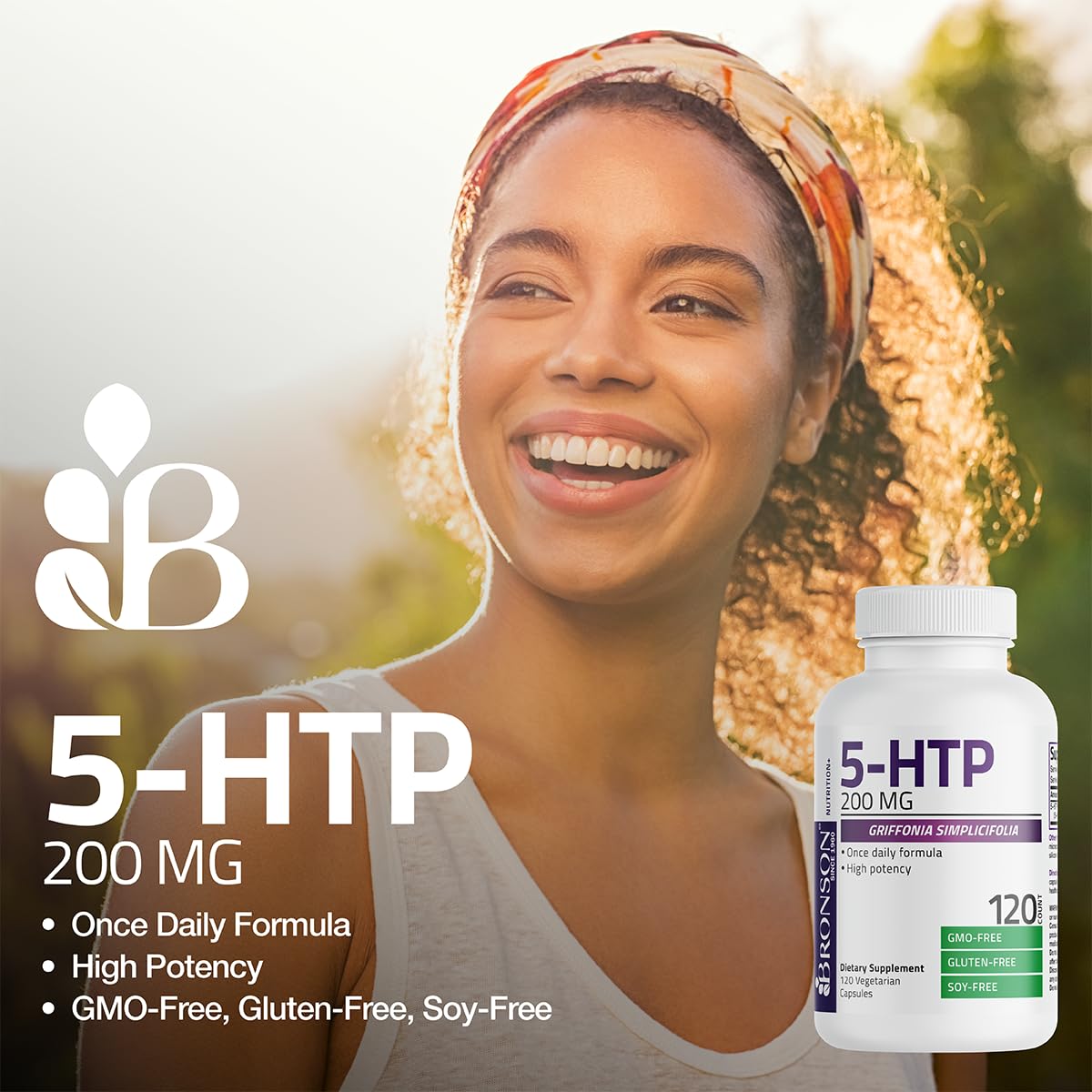 Bronson 5-HTP 200mg (5-hydroxytryptophan) Griffonia Simplicifolia Non-GMO, Capsule, 60 Count