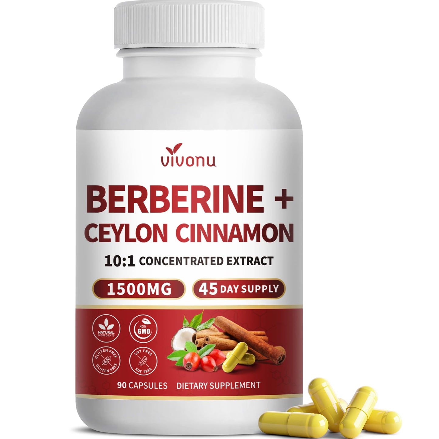 VivoNu Berberine with Ceylon Cinnamon, Berberine HCl 1200mg, Cinnamon 250mg, 10:1 Concentrated Liposomal Extract, Immune & Digestive Health Support, 90 Capsules