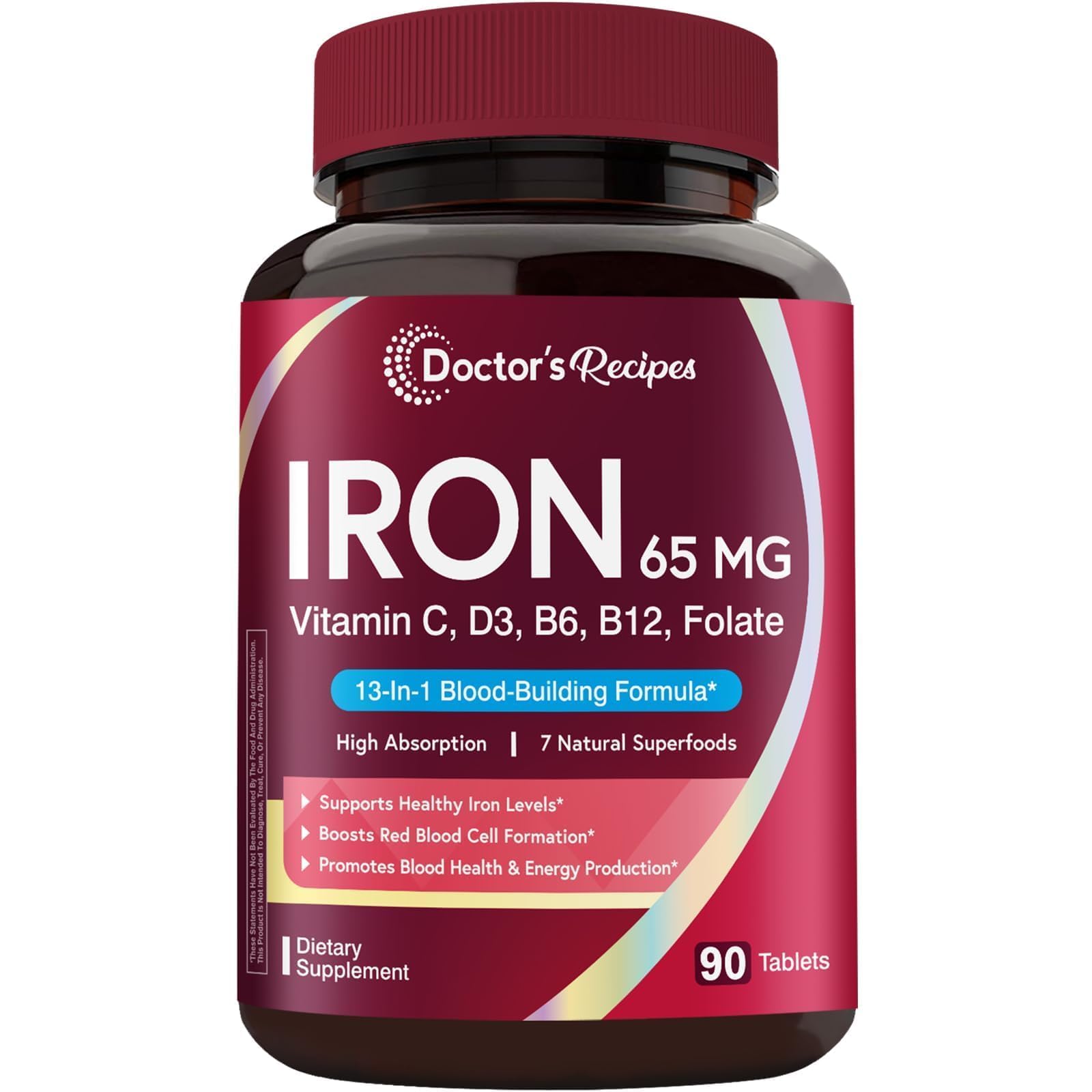 Doctor's Recipes Iron Supplement for Women & Men, Iron 65 mg with Vitamin C, D3, B6, B12, Folate, Beet Root, Pumpkin Seeds for Energy & Red Blood Cell Support Tablet, 90
