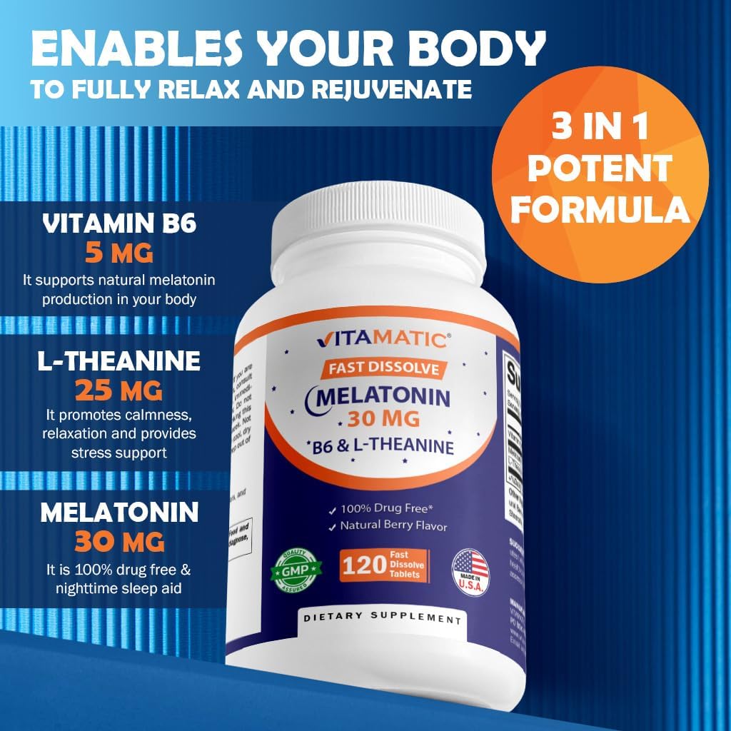 Vitamatic Melatonin 30 mg with B6 & L-Theanine Fast Dissolve Tablets - 120 Count