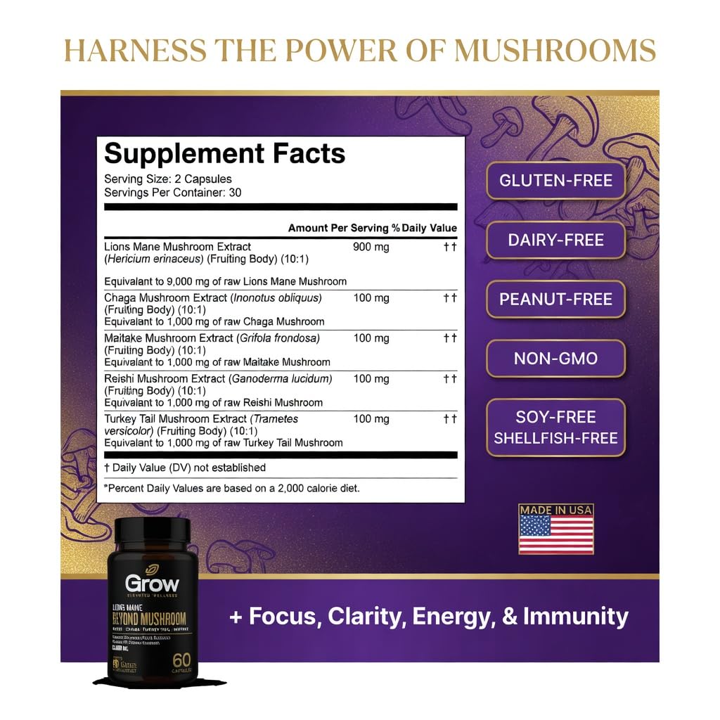 Grow Vitamin Organic Lions Mane Smart Shrooms, for Men & Women - Caffeine-Free Brain Booster, Focus Capsules for Concentration, Brain & Memory Support, 60 Capsules