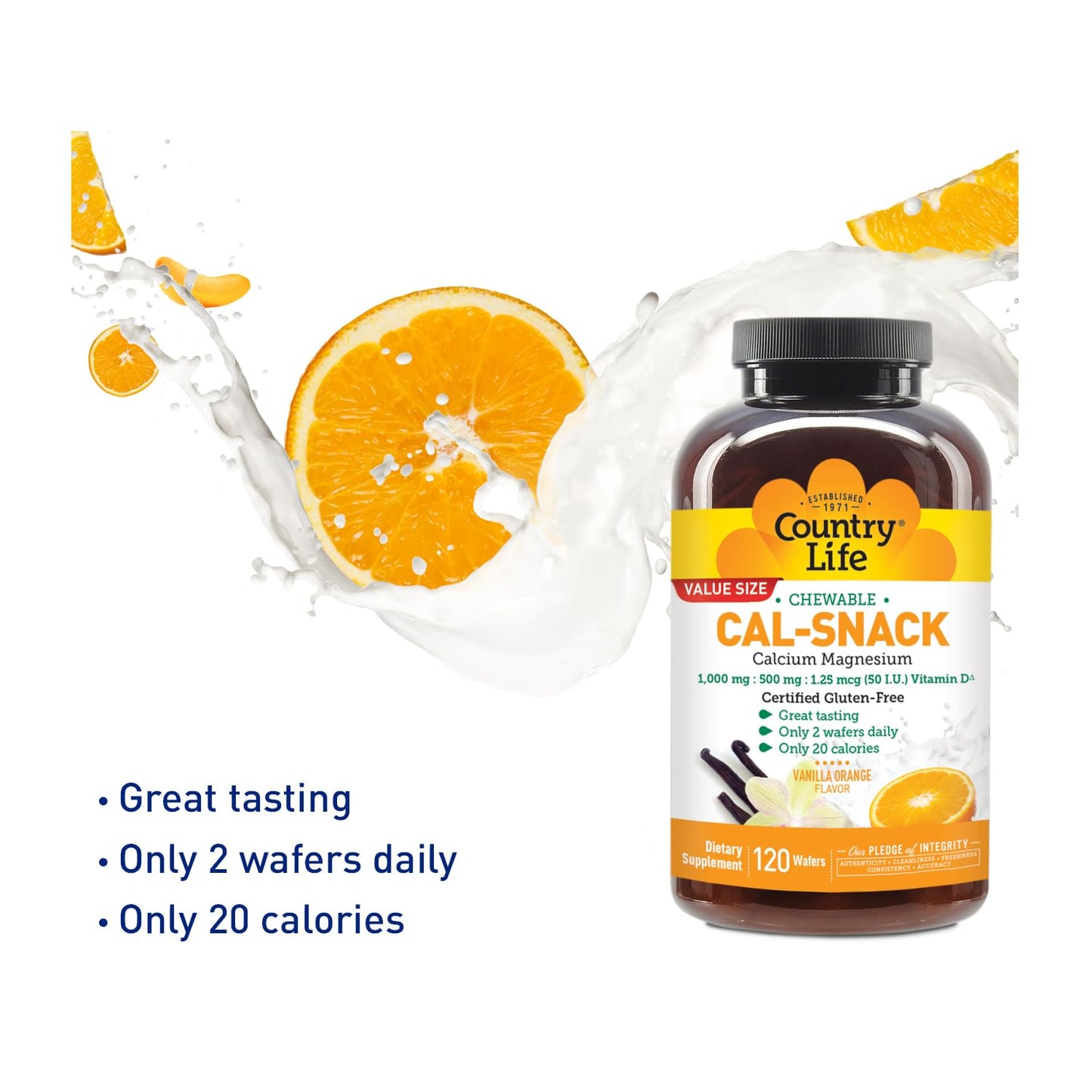 Country Life Cal-Snack Chewable Calcium Magnesium Supplement with Vitamin D3, Vanilla Orange Flavor, 120 Count