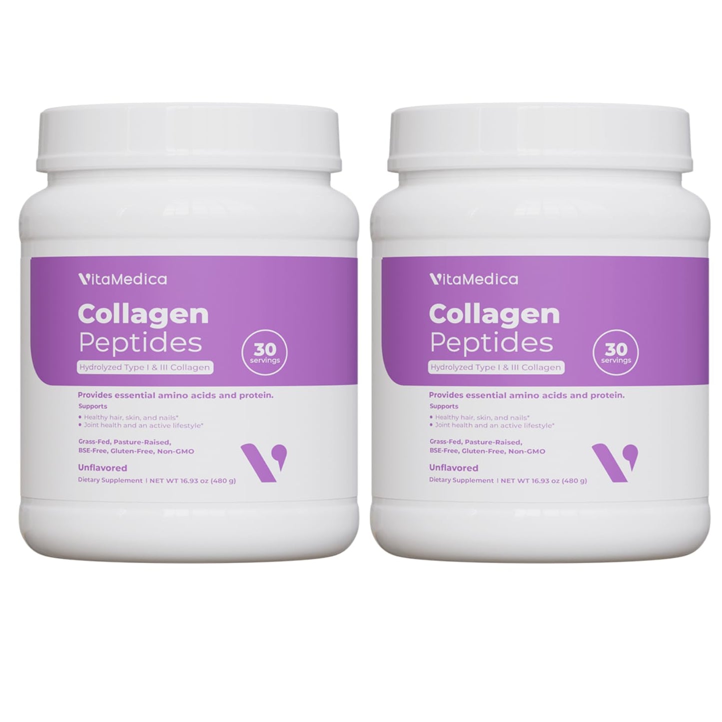 VitaMedica Collagen Peptides Powder for Women & Men, Hydrolyzed Types I & III, Grass-Fed, Pasture-Raised Protein, Zero Sugar, 1.06 Pound (Pack of 2)