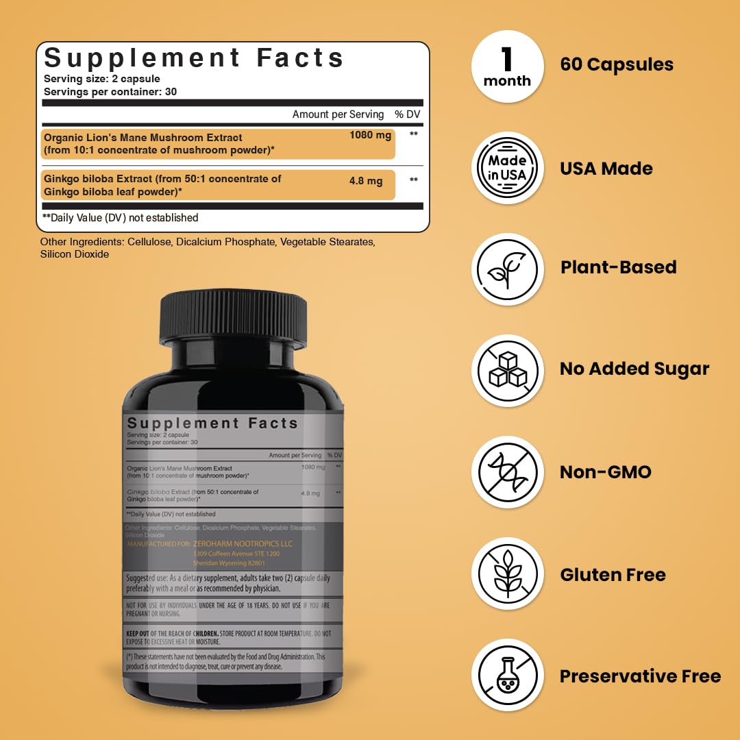 NooMost Lions Mane Mushroom Supplement with Ginkgo Biloba Capsule, 60 Count