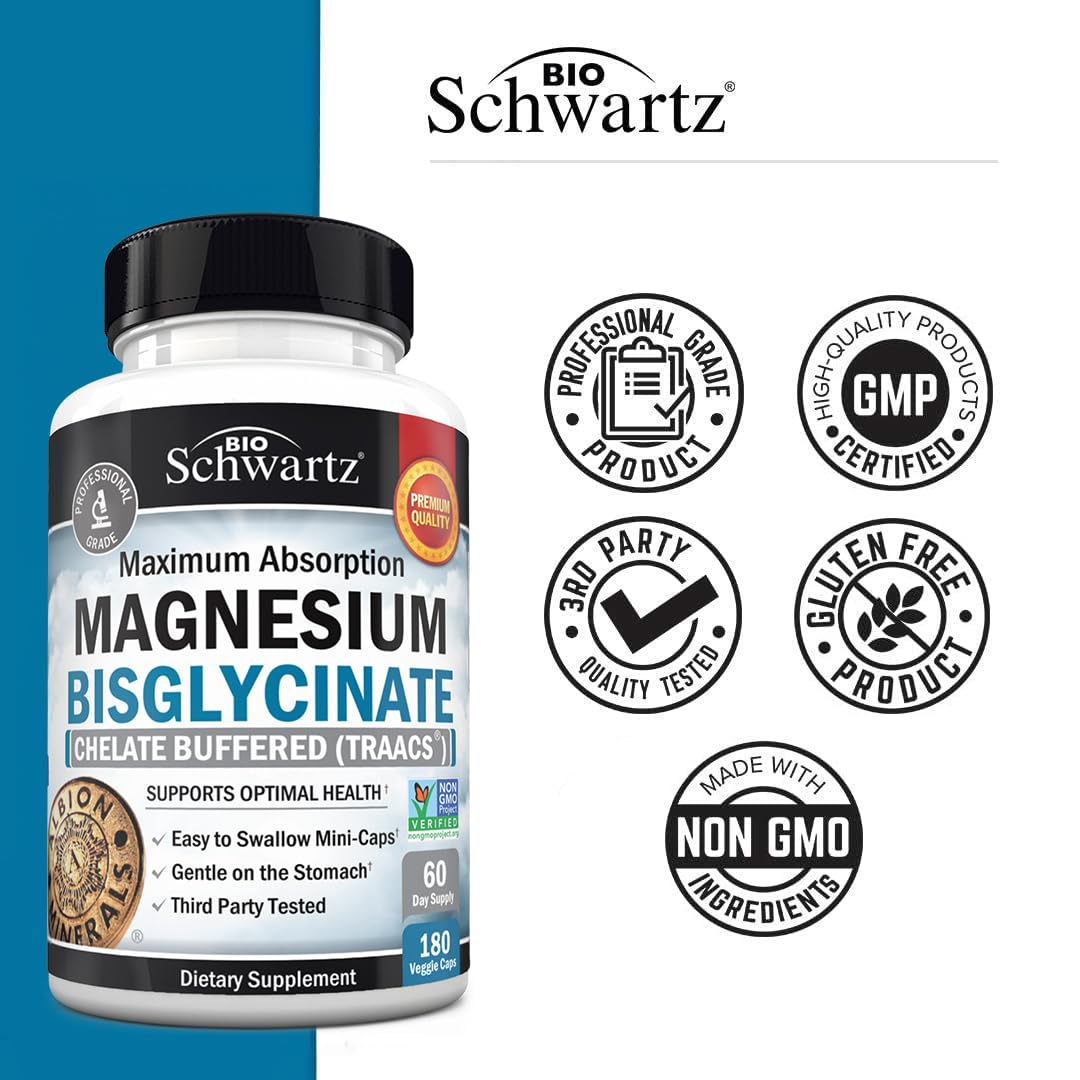 BioSchwartz Magnesium Bisglycinate Chelated Supplement Capsules, 180 Capsules