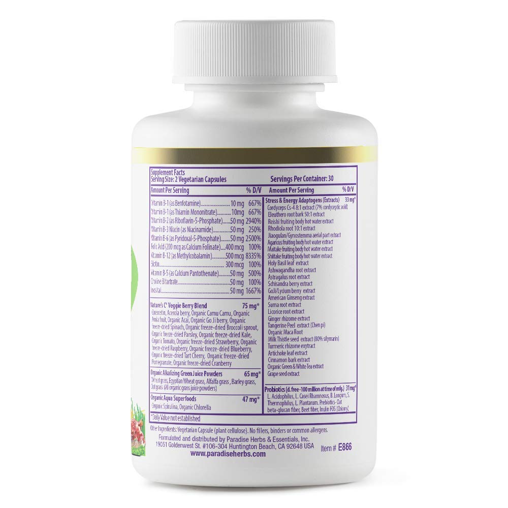 Paradise Herbs Earth's Blend B-Complex, Methylated, Enzymatically Active Forms of B Vitamins + Superfoods, Supports Energy & Immunity, 120 Capsules