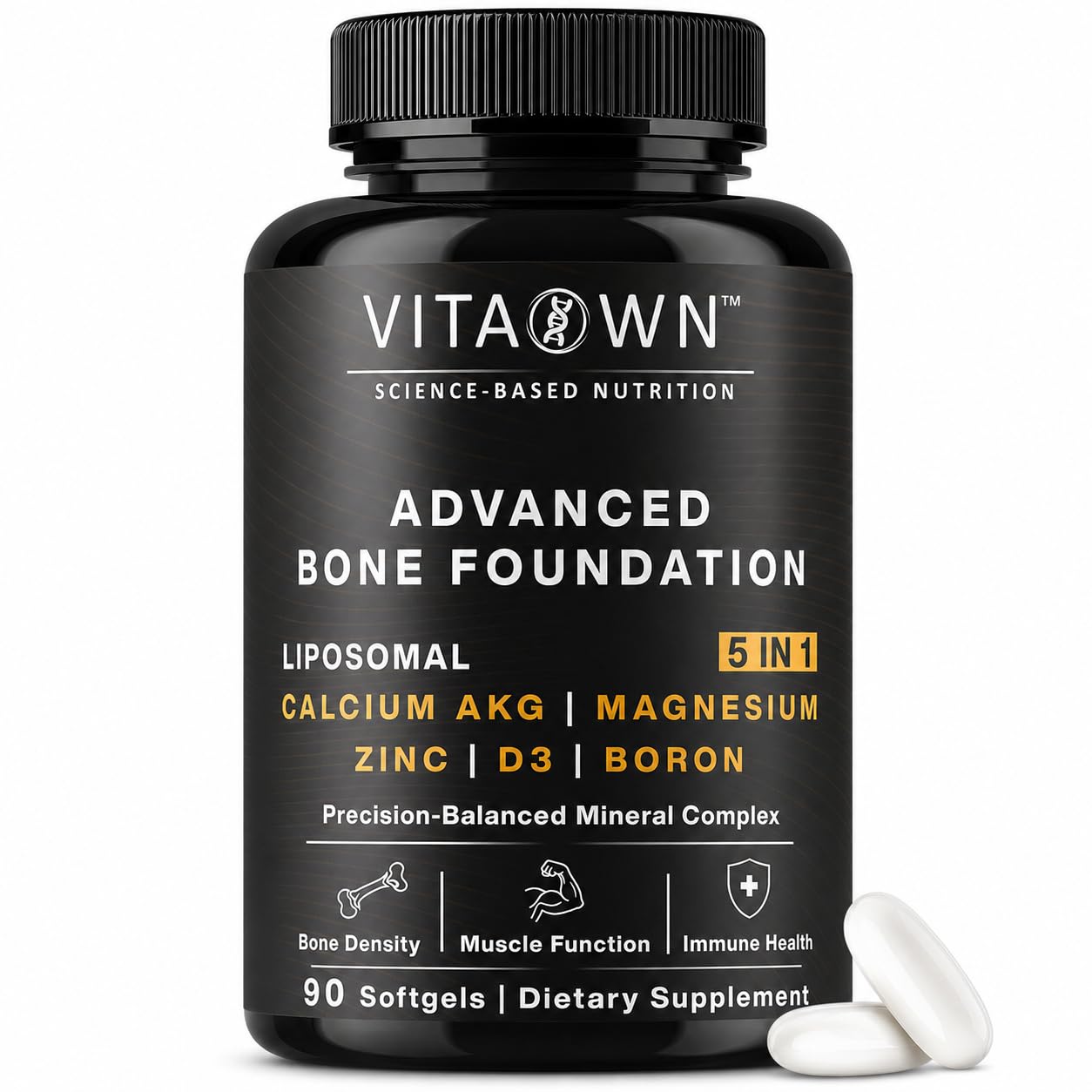 VITAOWN Liposomal Calcium AKG Supplement with Magnesium Glycinate, Vitamin D3, Zinc & Boron – Daily Bone and Mineral Support – 1,500 mg Ca-AKG per Serving – 90 Softgels