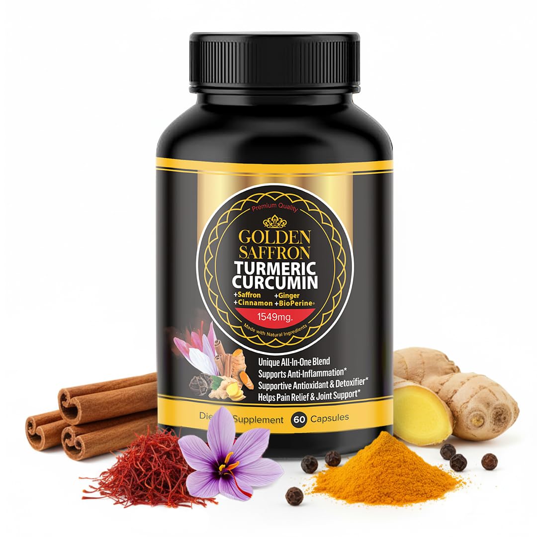 GOLDEN SAFFRON Turmeric Curcumin Supplement with Bioperine, Saffron, Cinnamon, and Ginger Capsules 60 Count