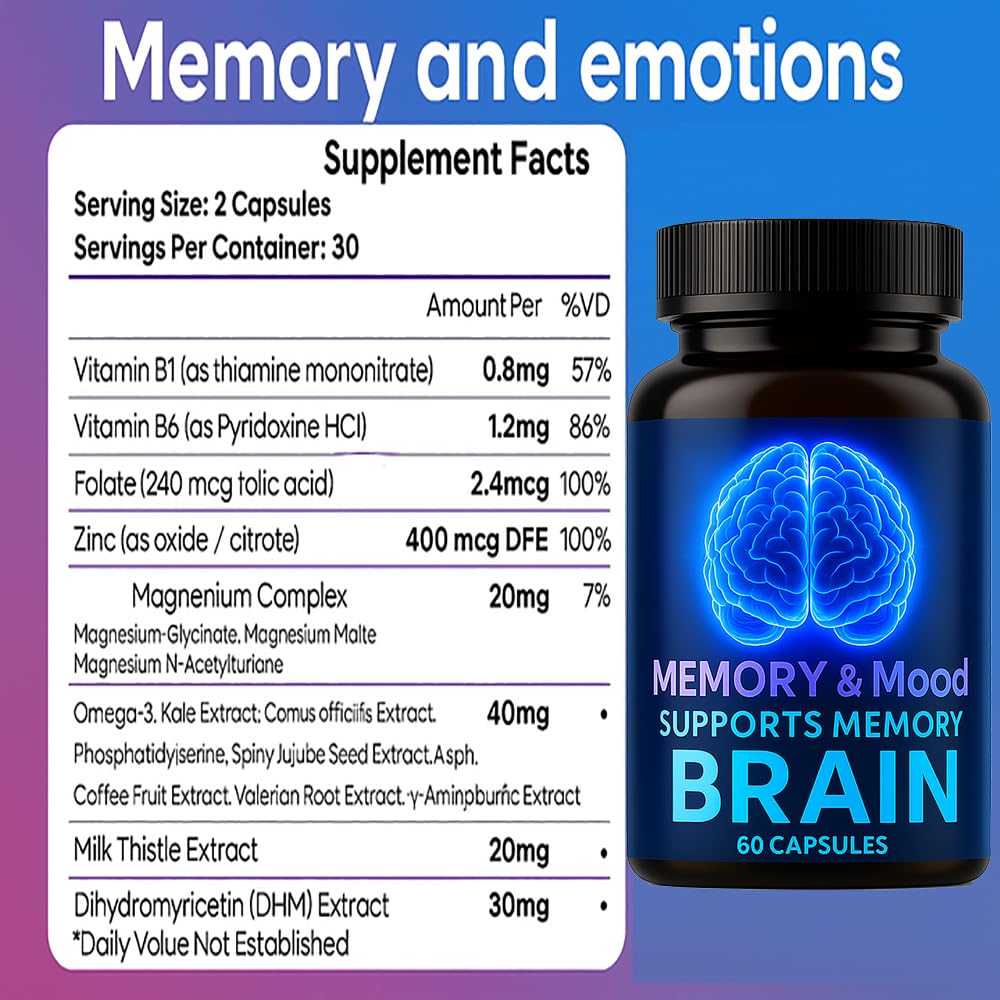 DFTLUUE Nootropic Brain Supplement for Memory and Focus, Cognitive Support Formula with B Vitamins, Folate & Dihydromyricetin, Mental Clarity & Daily Performance, Capsule, 60 Capsules