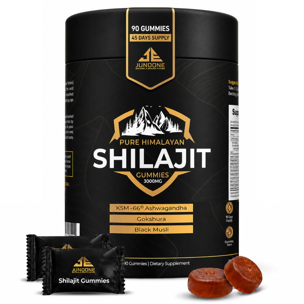 Junoone Pure Himalayan Shilajit Gummies with Ashwagandha, Fulvic Acid & Trace Mineral Supplement, 90 Count