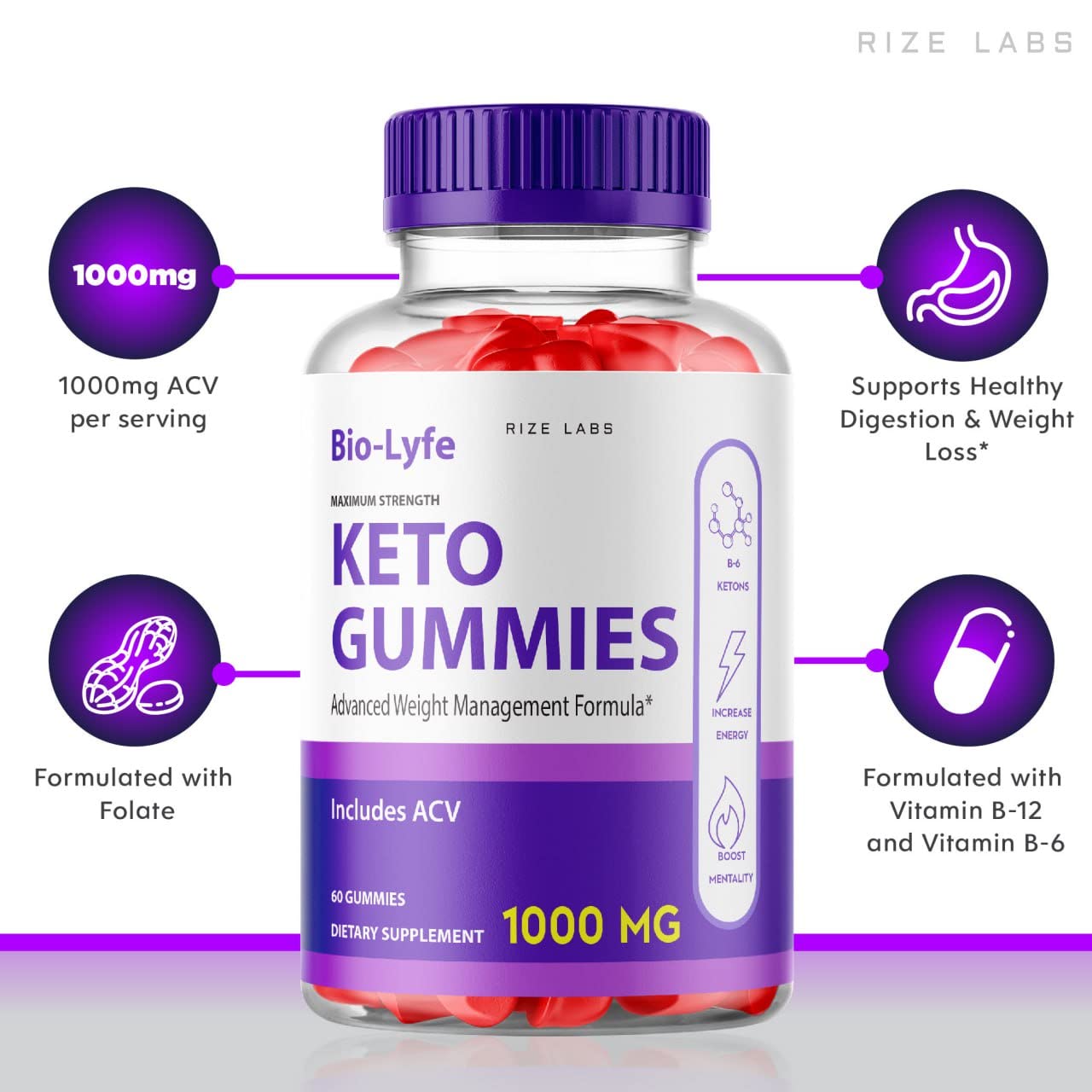 Rize Labs BioLyfe Keto ACV Gummies Advanced Formula Apple Cider Vinegar Maximum Strength, 60 Gummies