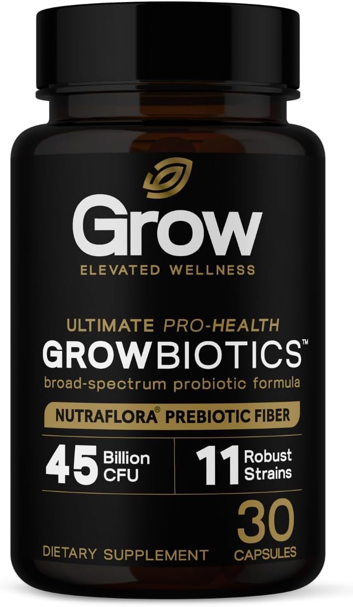 Grow Vitamin GrowBiotics Probiotics for Women & Men: Comprehensive Formula, 45 Billion CFU, 11 Strains, Dairy Free - w/Prebiotics and Probiotics - Promotes Immune & Gut Health, 30 Veggie Caps