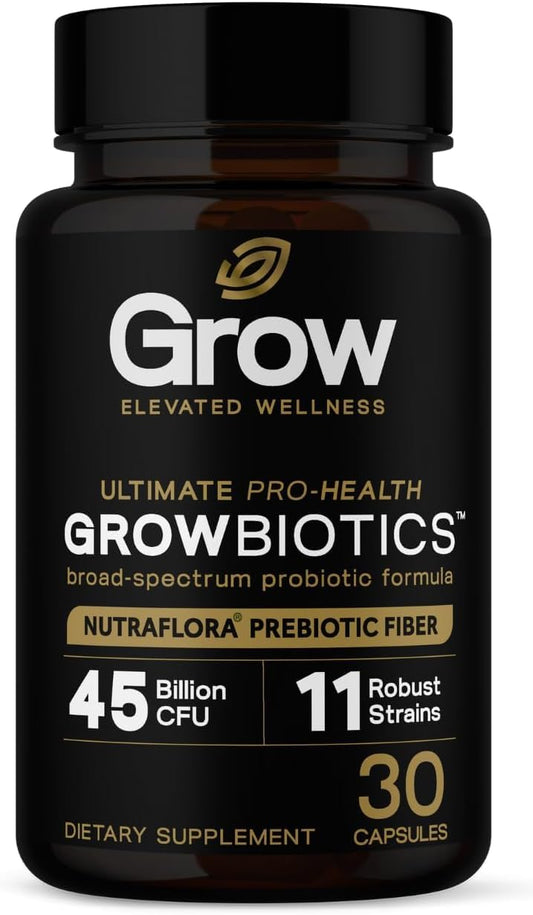 Grow Vitamin GrowBiotics Probiotics for Women & Men: Comprehensive Formula, 45 Billion CFU, 11 Strains, Dairy Free - w/Prebiotics and Probiotics - Promotes Immune & Gut Health, 30 Veggie Caps