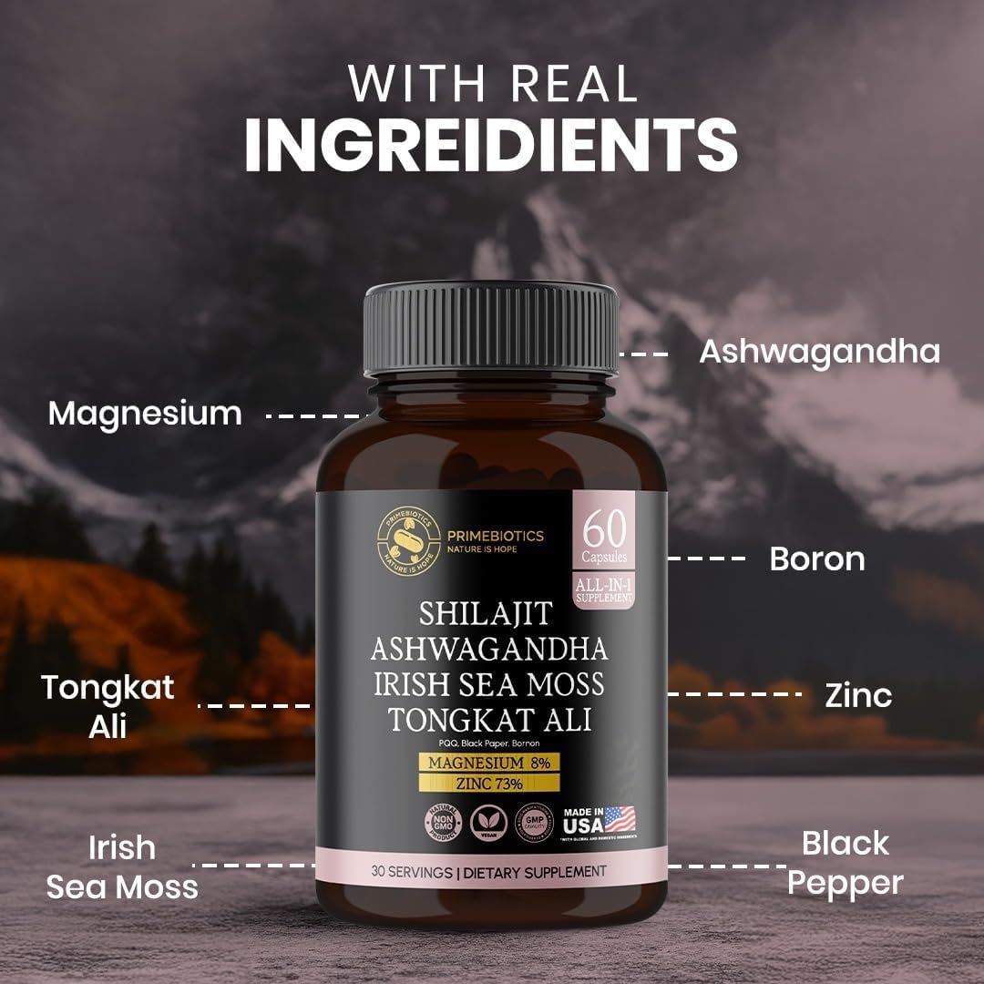 PrimeBiotics All-in-1 Shilajit Supplement with Ashwagandha, Irish Sea Moss, Tongkat Ali, Black Pepper Extract, Boron, Magnesium and Zinc for Men & Women, Capsules, 60 count