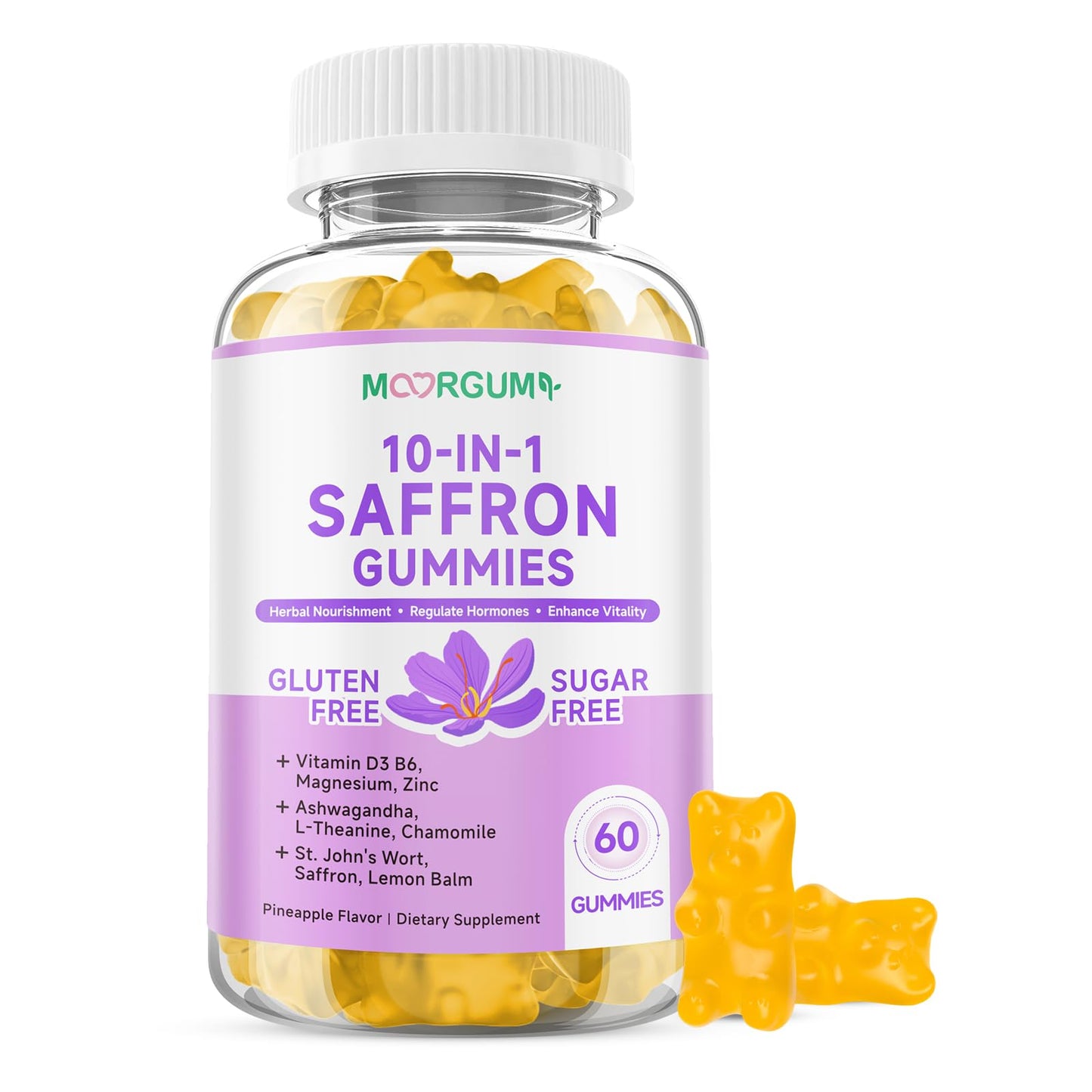 MOORGUMY Saffron Gummies for Adult Kids, 10-IN-1 Cortisol Support Supplement with Saffron 88.5mg, Vitamin D3, B6, Magnesium, Zinc, Ashwagandha, L-Theanine, St. John's Wort, For Emotions, Slumber, 60 Gummies