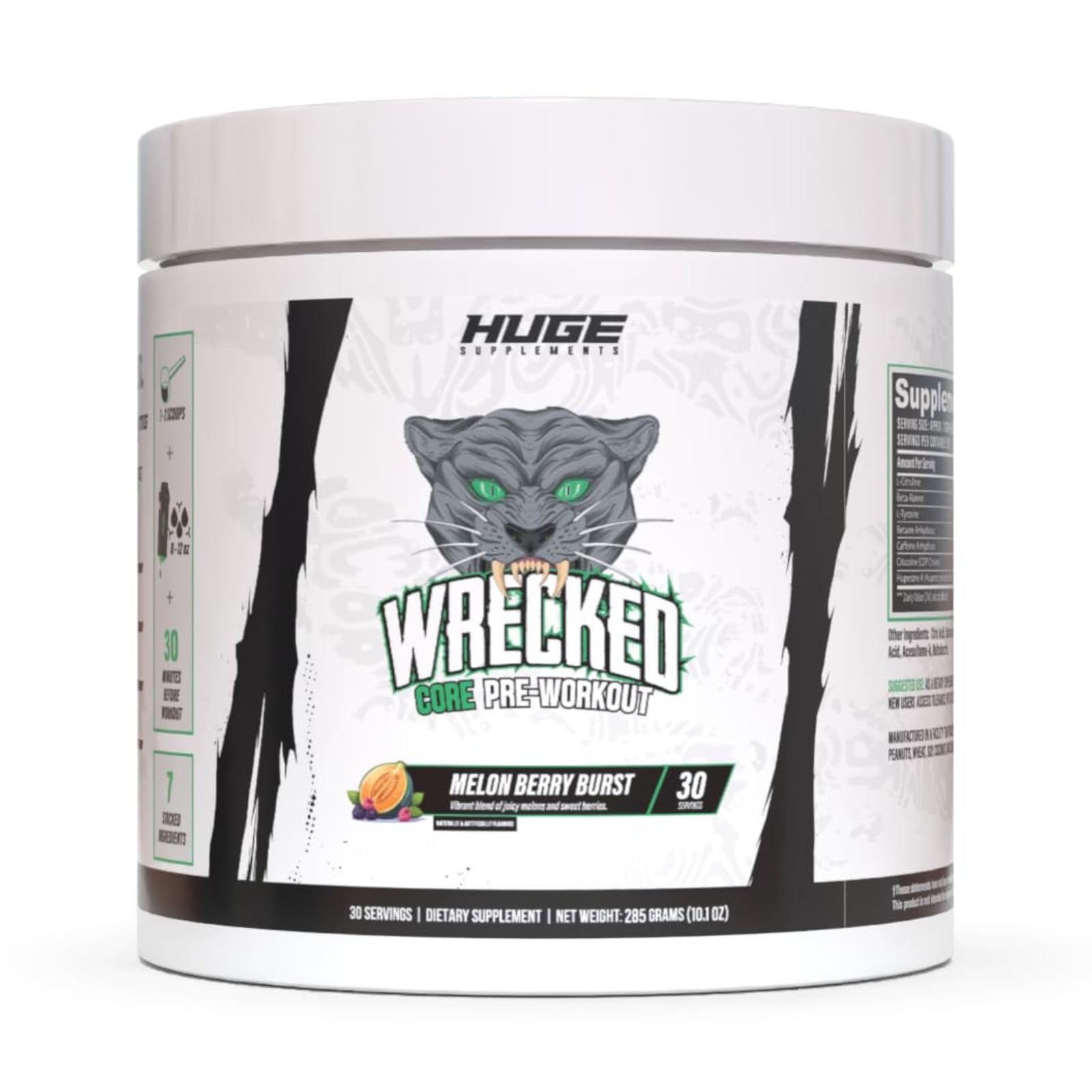 Huge Supplements Wrecked Core All-in-One Pre-Workout for Men & Women, Increase Energy, Focus & Pumps with L-Citrulline, Beta-Alanine, L-Tyrosine & More Powder, 30 Servings
