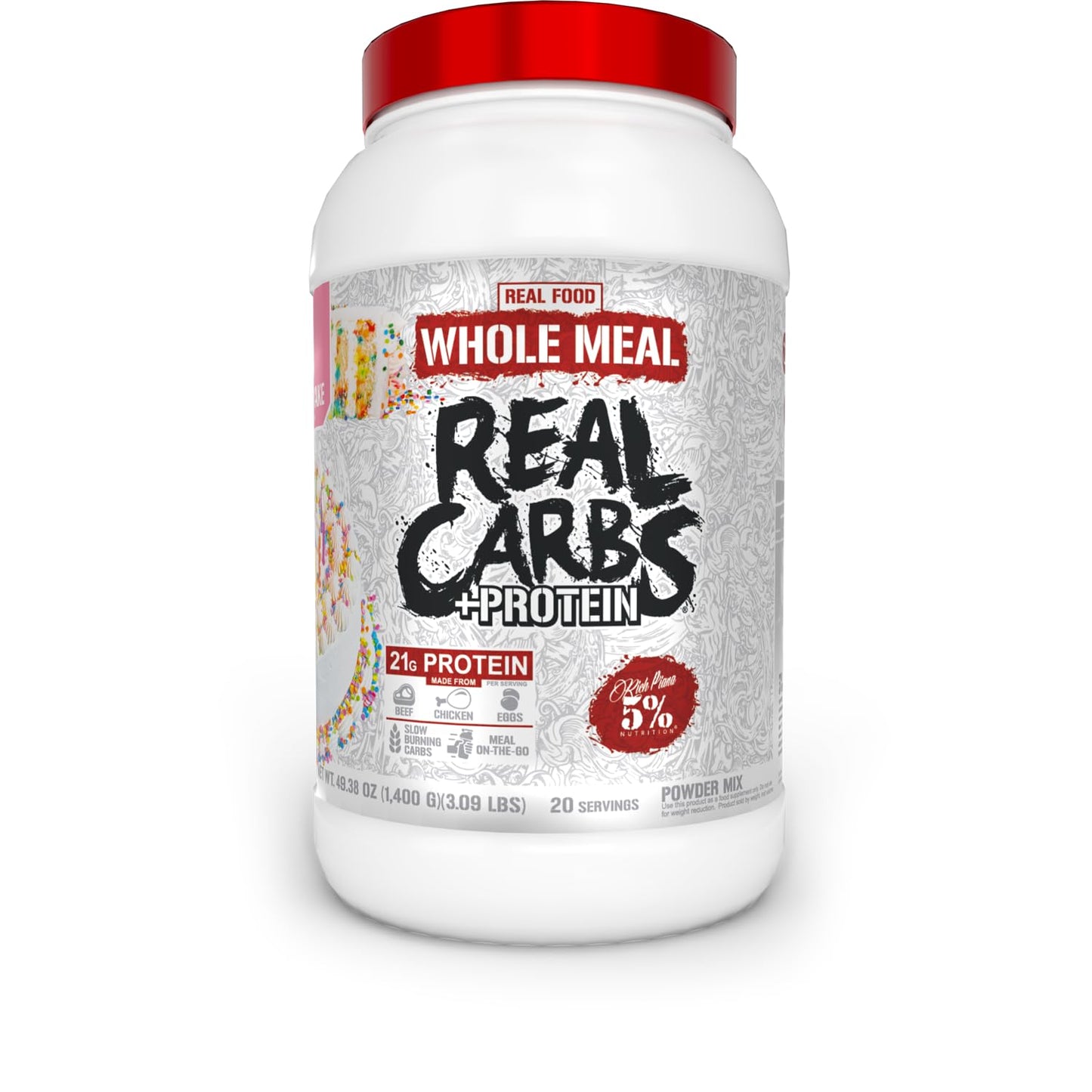 5% Nutrition Rich Piana Real Carbs + Protein Clean Mass Gainer Meal Replacement Protein Powder, Birthday Cake, 3 lb