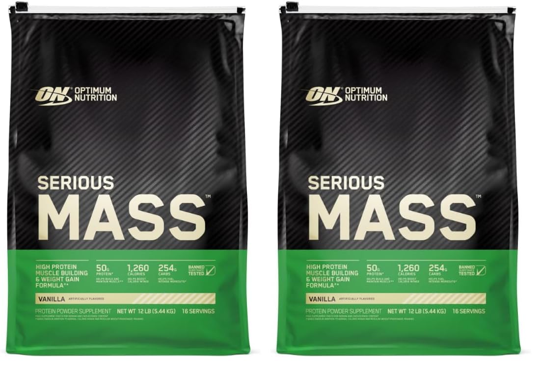 Optimum Nutrition Serious Mass Weight Gainer Protein Powder, Vanilla, 12 Pound (Pack of 2), 384 Servings