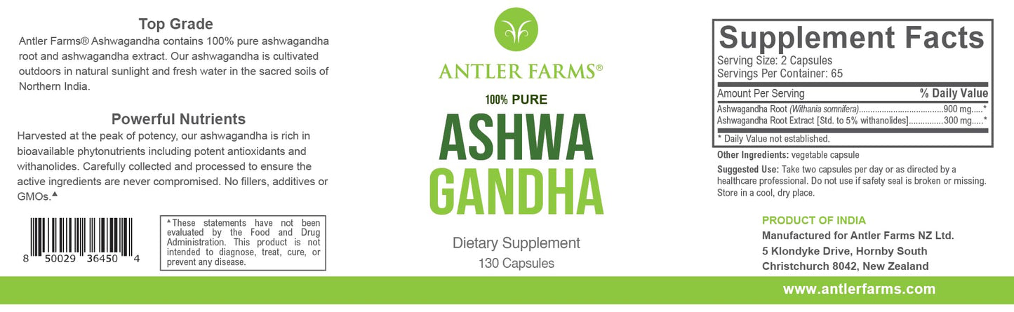 Antler Farms Ashwagandha Root and Ashwagandha Root Extract 1200mg Capsules, 130 Count