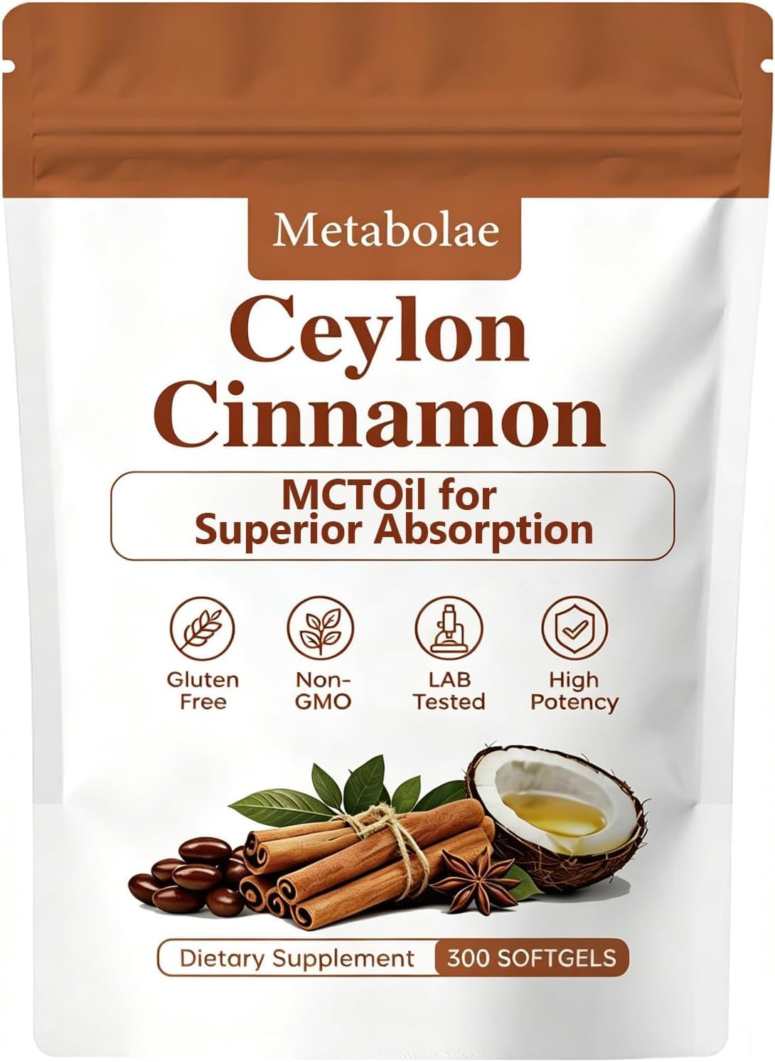 Metabolae Ceylon Cinnamon Softgels with MCT Oil, 1 Count, Non-GMO, Gluten Free