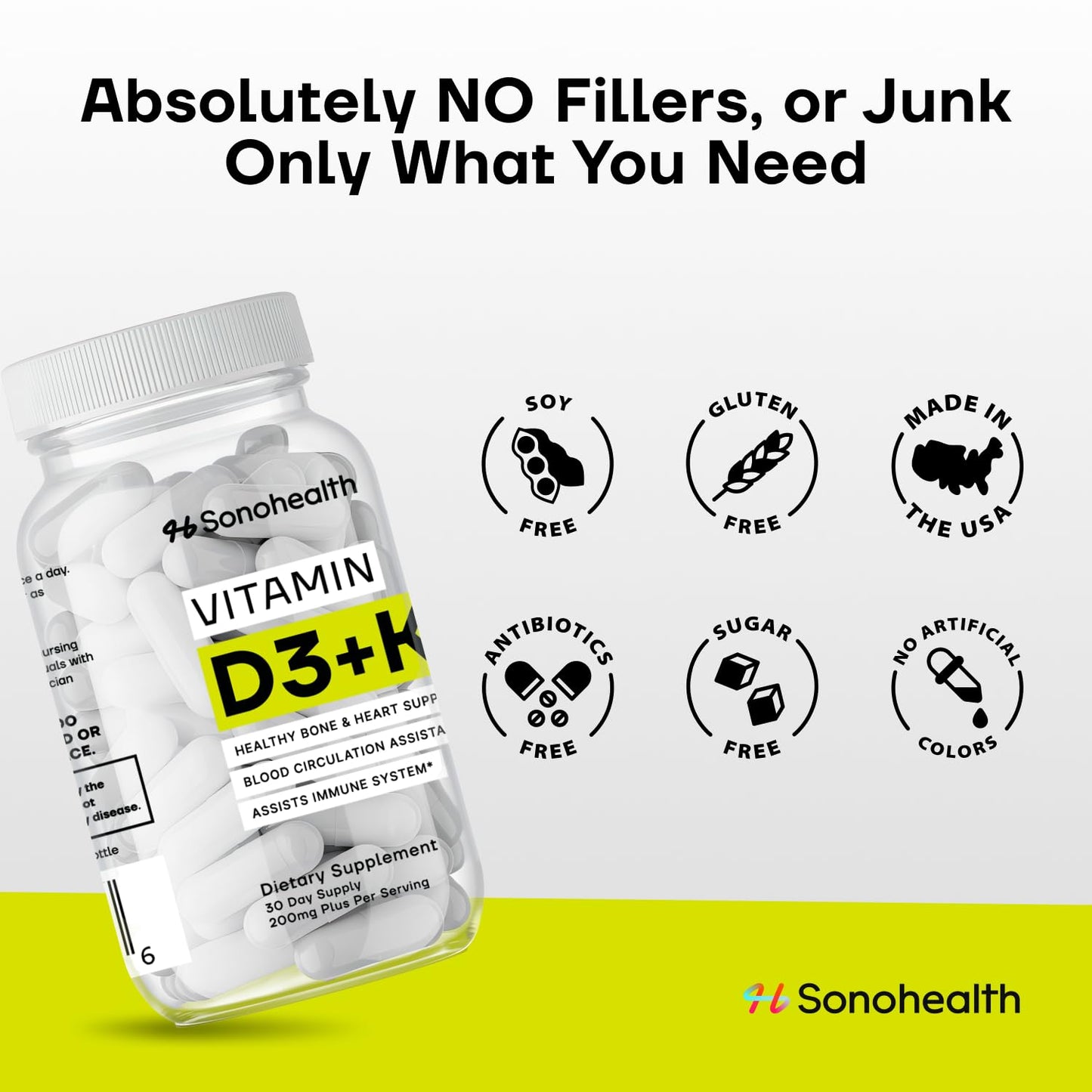 SonoHealth Vitamin D3 + K2 with BioPerine 60 Capsules