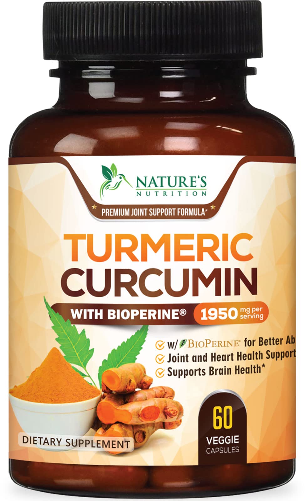 Nature's Nutrition Turmeric Curcumin Supplement - 95% Curcuminoids with Organic Turmeric & BioPerine Black Pepper, Capsule, 60 Capsules
