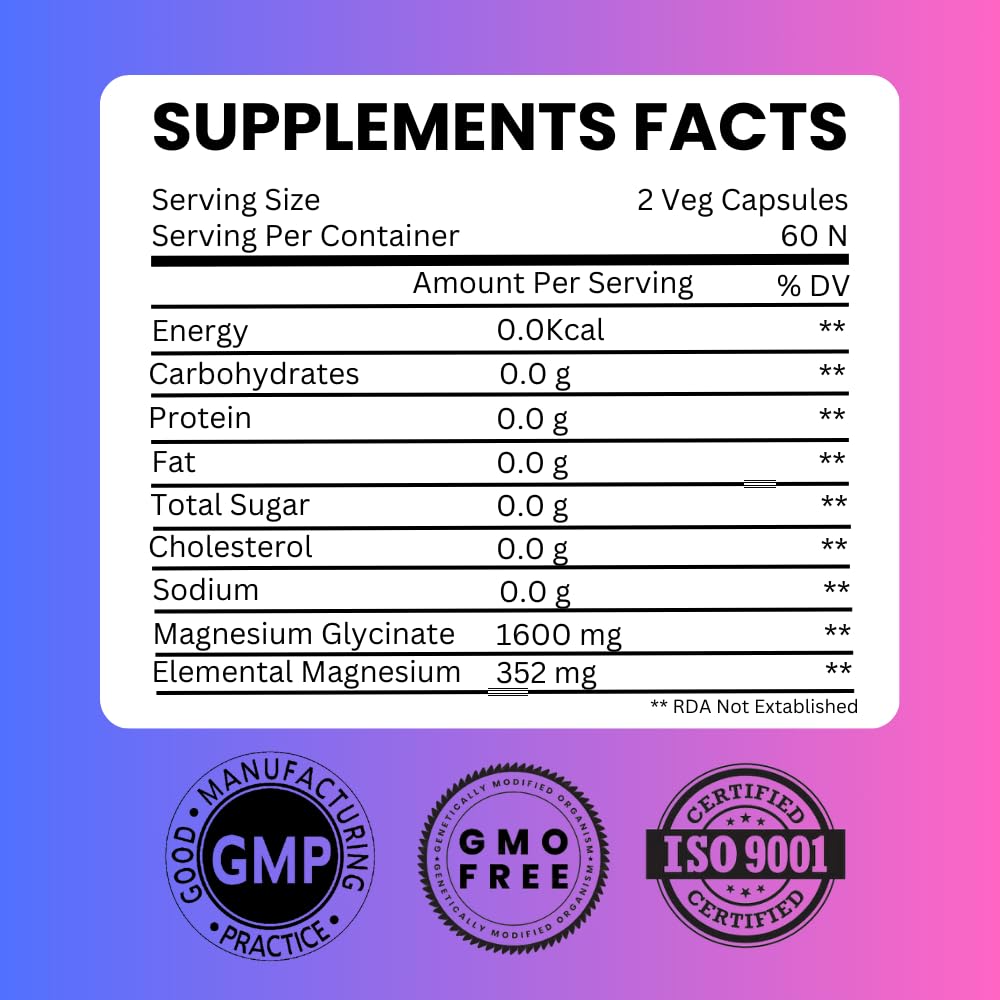 SAIKOU HERBS Chelated Magnesium Glycinate 800mg High Absorption, Pure and Potent, 60 Capsules