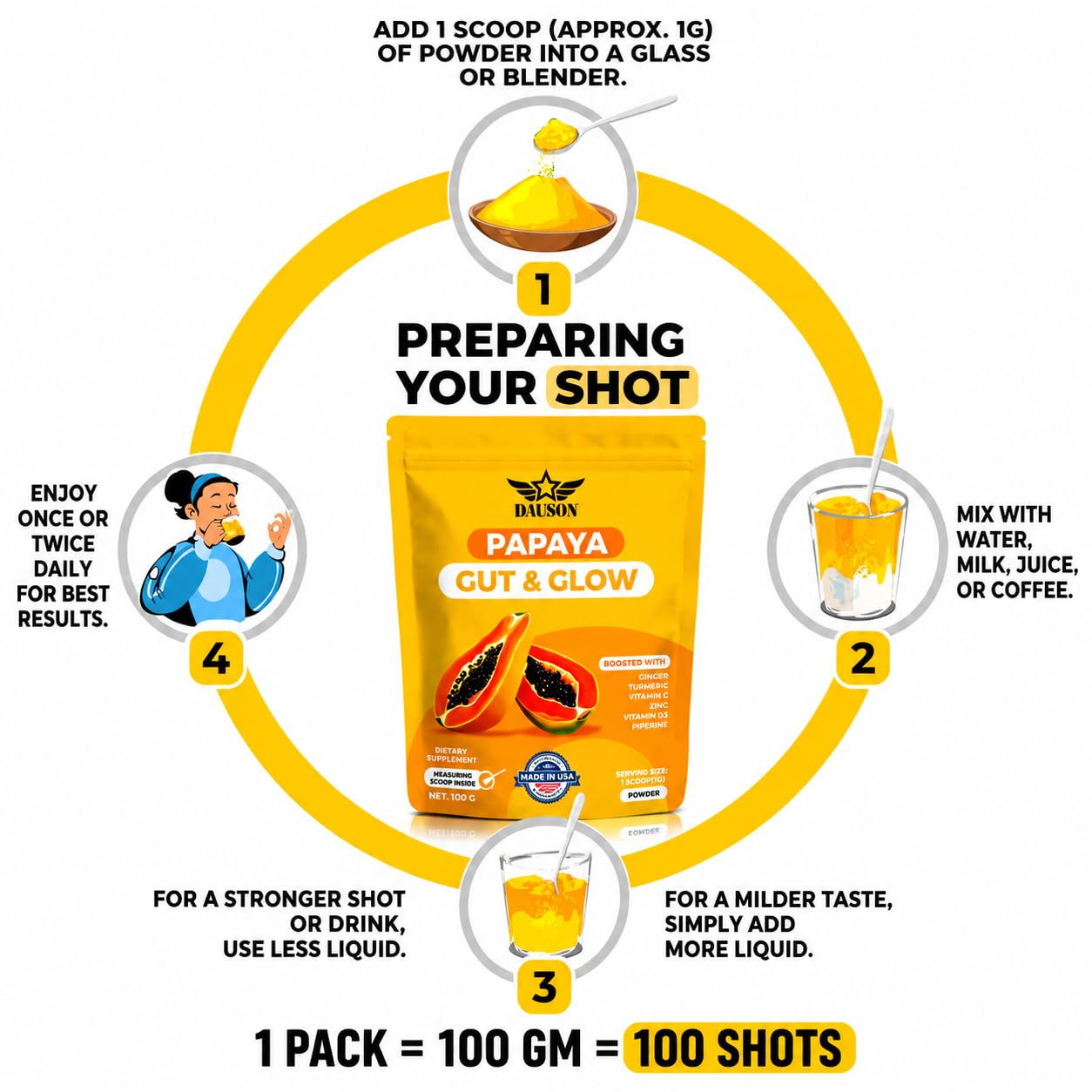 DAUSON Papaya Shots for Healthy Gut & Glowing Skin Powder 3.53 Ounce