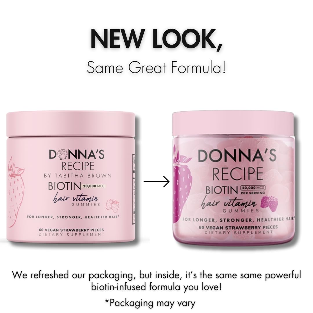Donna's Recipe by Tabitha Brown Vegan Strawberry Biotin Hair, Skin & Nails Gummies, 10,000 mcg Biotin, 60 Count