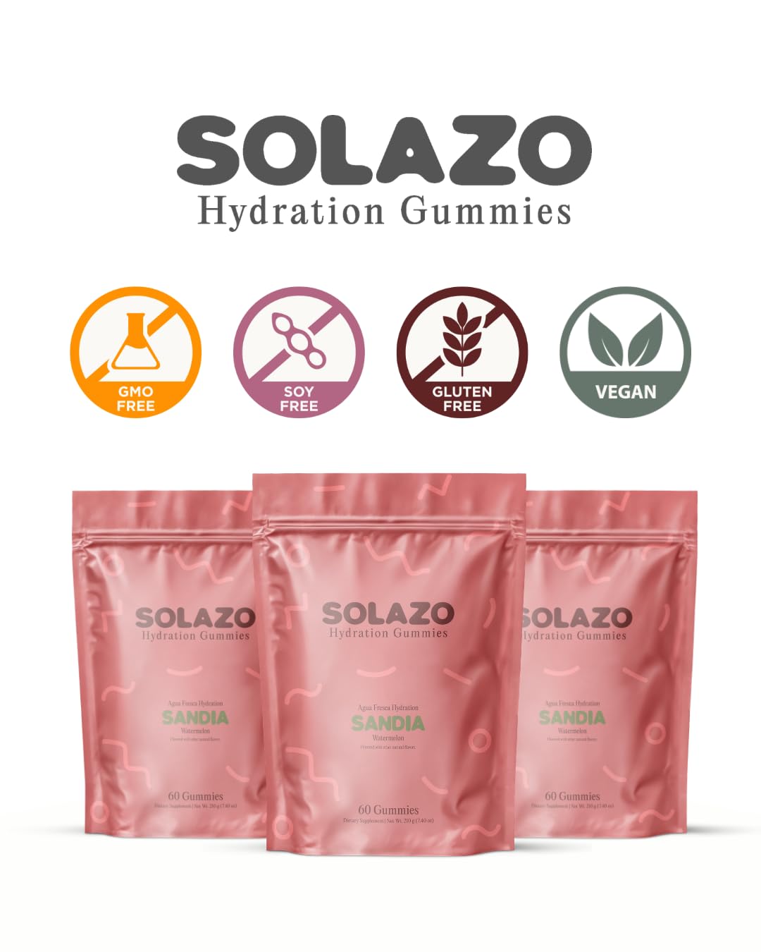 Solazo Hydration Gummies Agua Fresca Electrolyte Gummies with Potassium, Sodium, Magnesium, Calcium & Chloride, Vegan Gluten Free Non-GMO, Sandia Watermelon, 60 Count