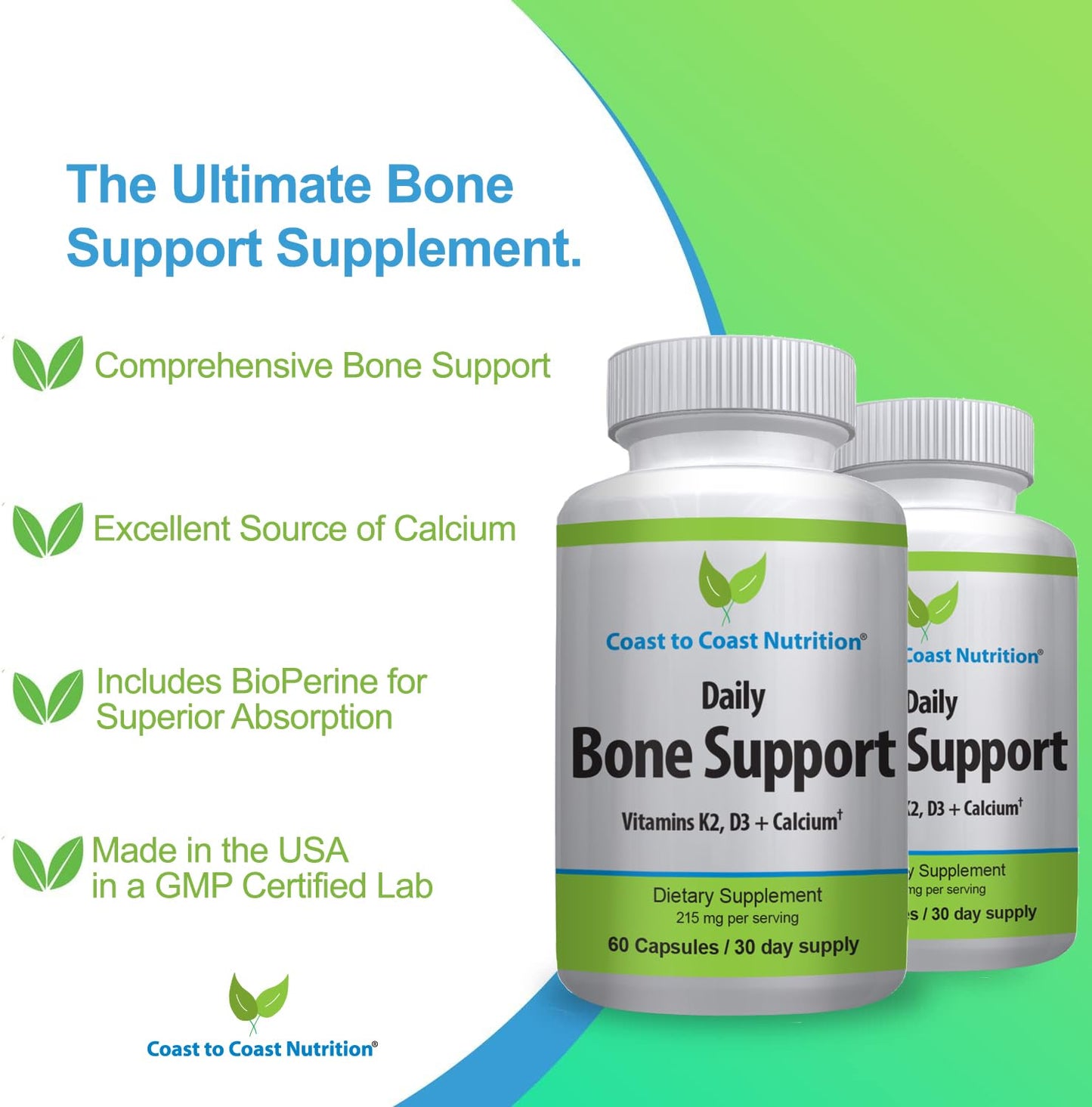 Coast to Coast Nutrition Daily Bone Support Calcium Supplement with Vitamin D3, K2 Capsules, 60 Count
