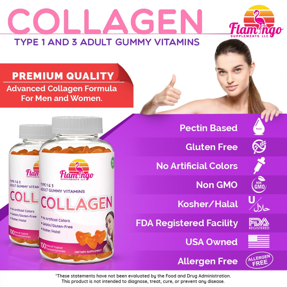 Flamingo Supplements Collagen Gummies, Natural Marine Collagen for Women and Men, Hydrolyzed Types I & II, No Gelatin, Kosher, Halal, 100 Count