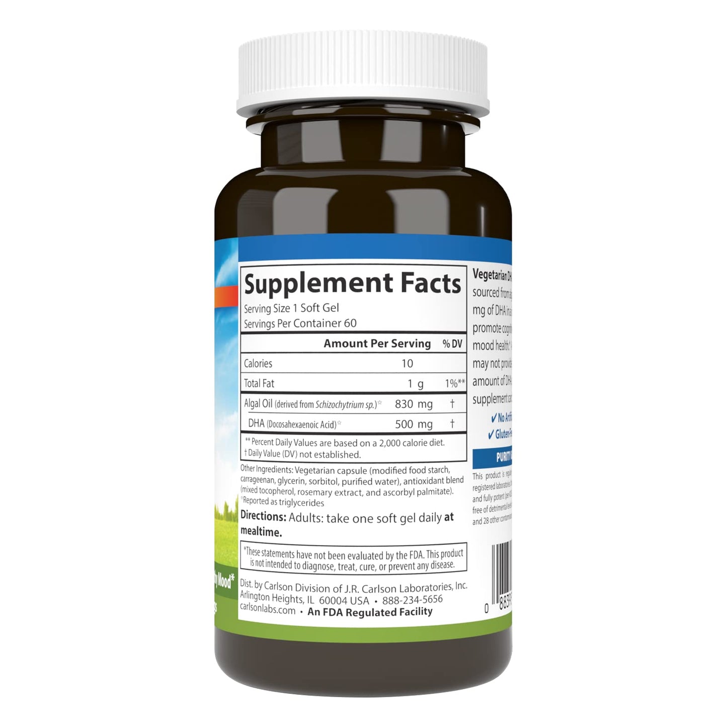 Carlson Vegetarian DHA 500 mg Plant Based, Sustainably Sourced from Algae, Brain Support Mood Health Softgels, 60 Count