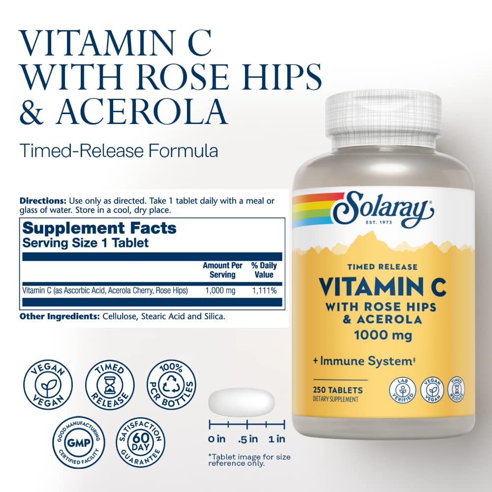 Solaray Vitamin C with Rose Hips & Acerola, 1000mg, Two-Stage Timed-Release, 250 Tablets