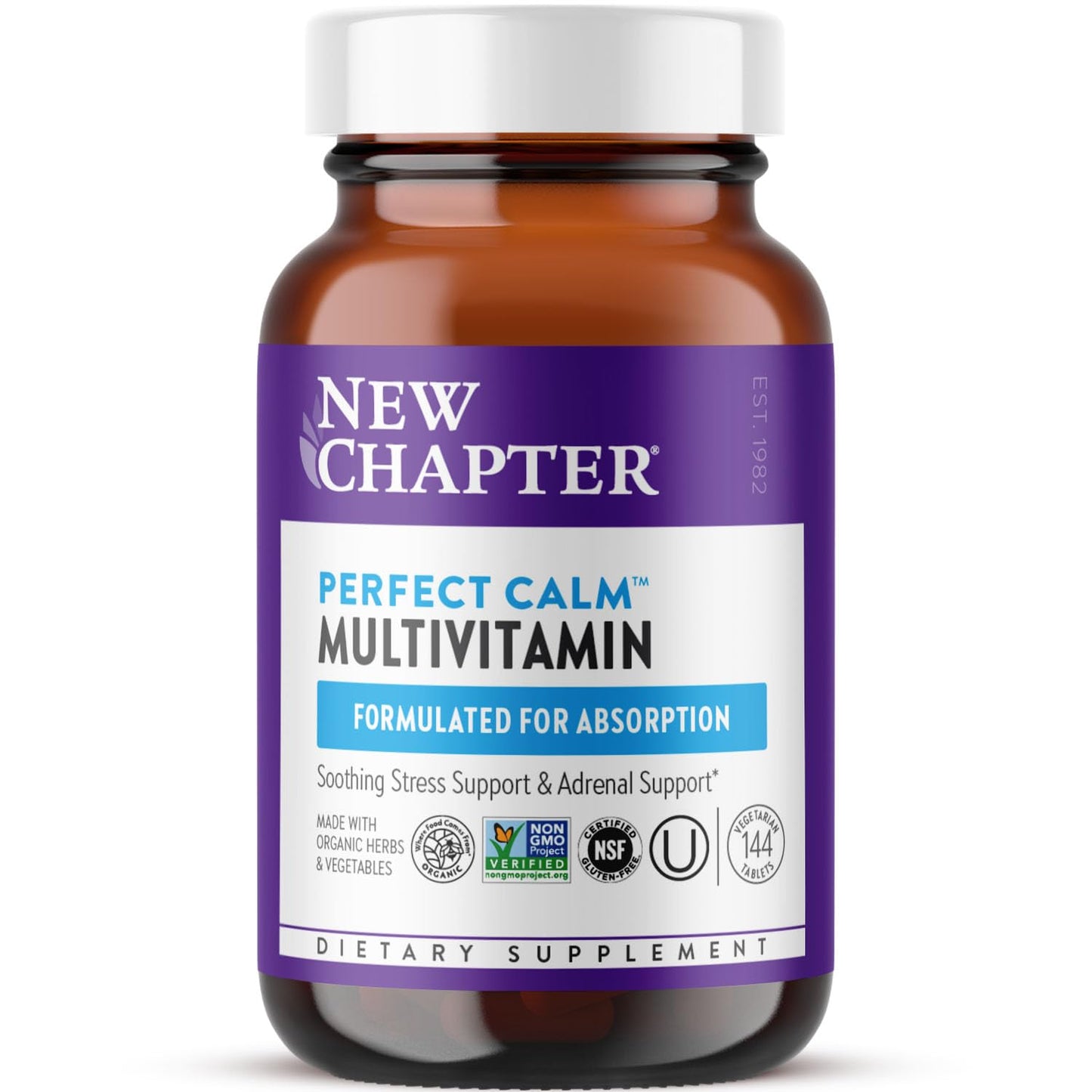 New Chapter Perfect Calm Daily Multivitamin for Stress & Mood Support with B Vitamins, Holy Basil, Lemon Balm, Organic Non-GMO Ingredients, Tablet, 144 Count